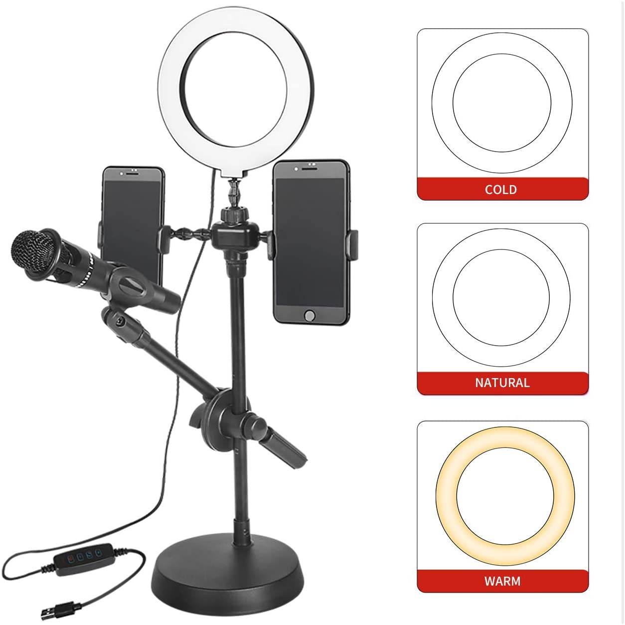 Selfie LED Lights, Dimmable LED USB Clamp Desk Light for Selfie Ring Light with Phone Holder and Microphone Stand 3 Light Modes 10 Brightness Level for Video Live Stream Broadcast USB Powered
