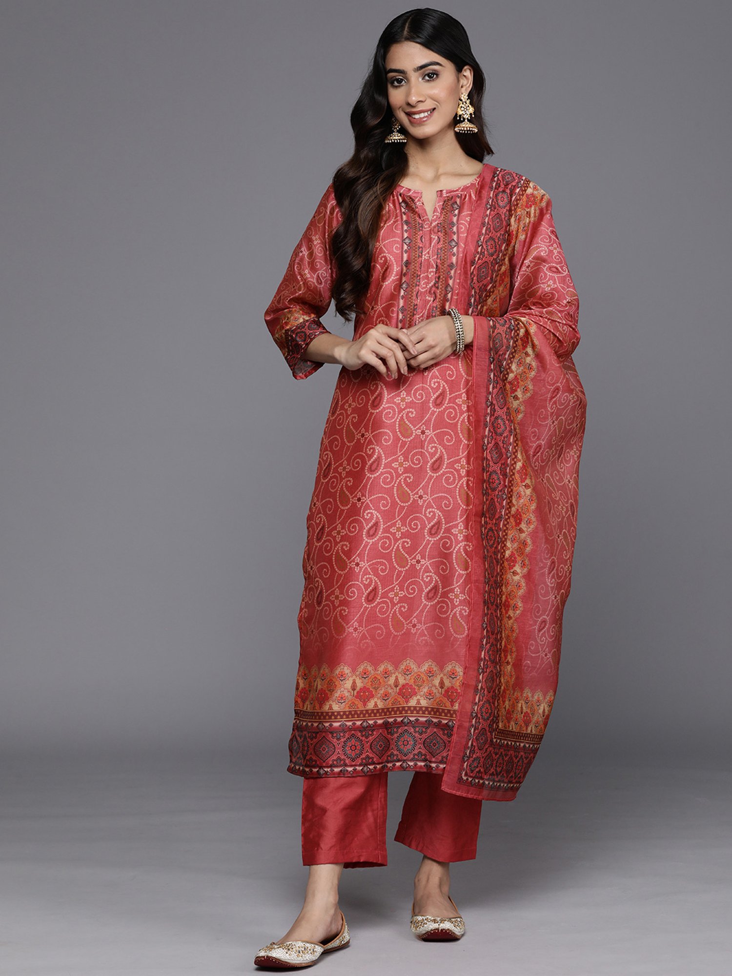 Varanga Pink Printed Kurta With Pant & Dupatta