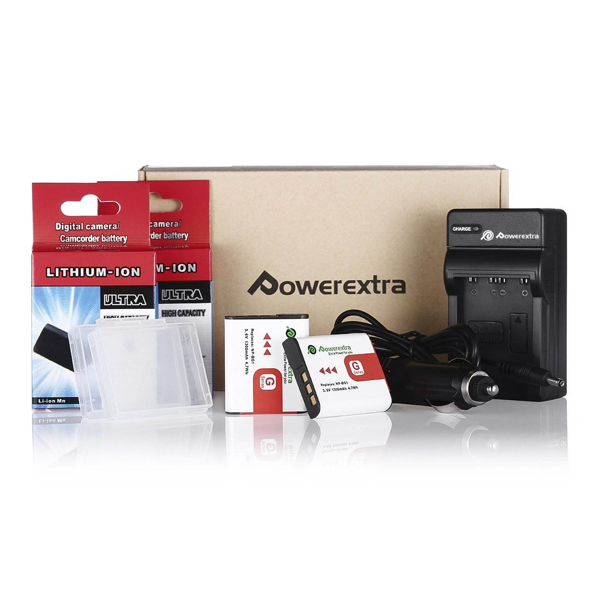 Powerextra 2 Pack NP-BG1 Li-ion 3.6v Replacement Battery with Charger For Sony Cyber-shot DSC-W220, DSC-W120, DSC-H50, DSC-HX30V, DSC-W150, DSC-H3 Digital Camera