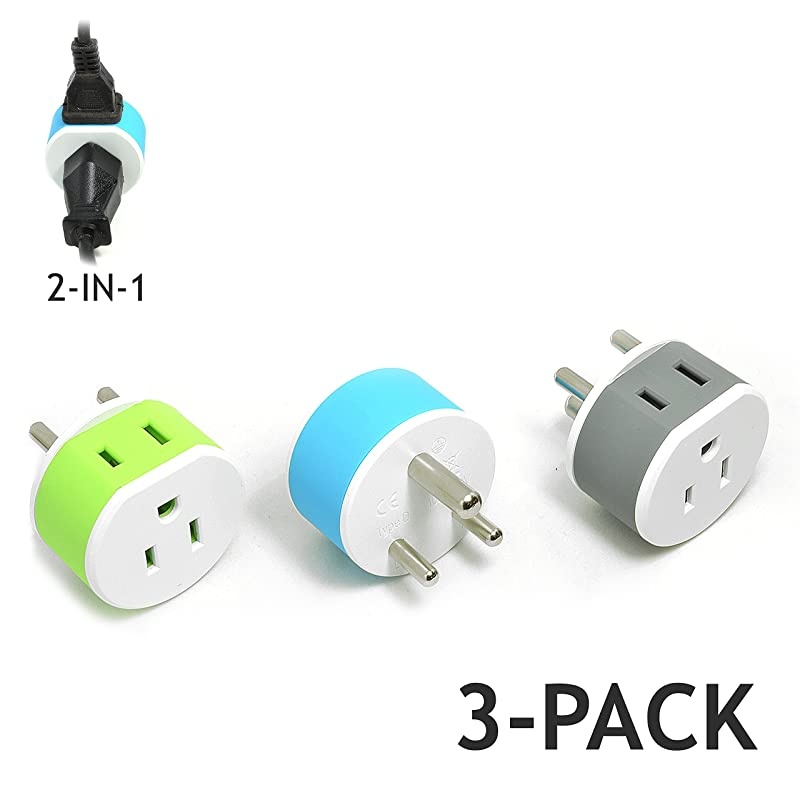 India, Nepal, Maldives Power Plug Adapter by  with 2 USA Inputs - Travel 3 Pack - Type D (US-10) Safe Grounded Use with Cell Phones, Laptop, Camera Chargers, CPAP, and More