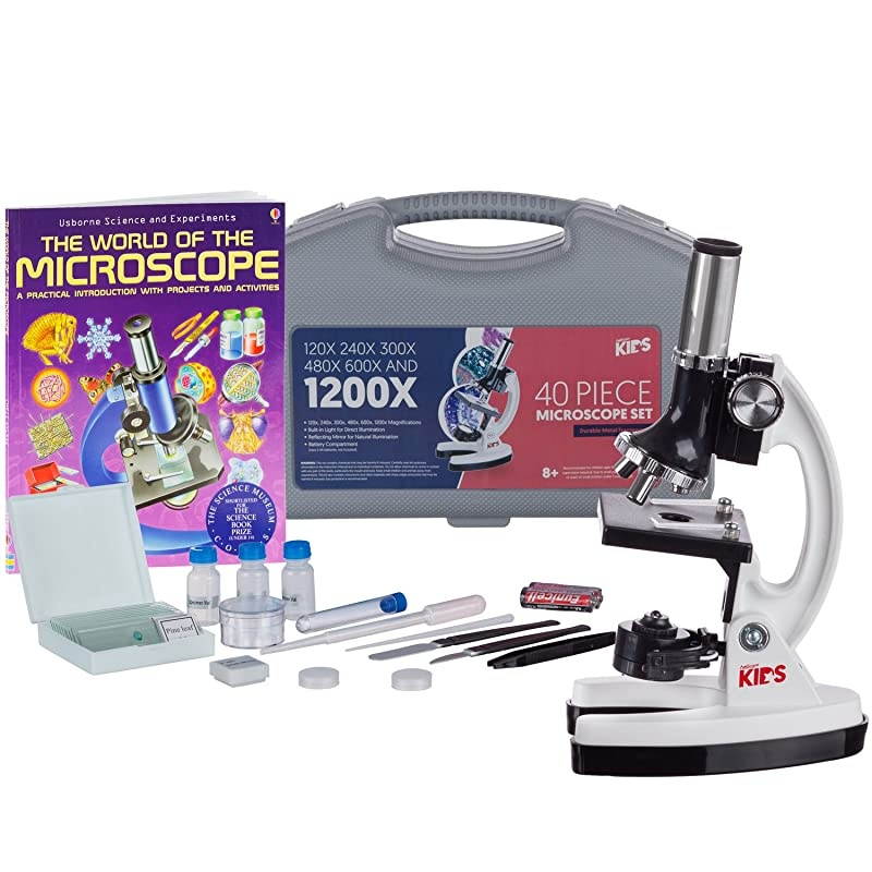 1200X 40pcs Kids Student Beginner Microscope Kit with Slides LED Light Carrying Box and BookquotThe World of The Microscopequot