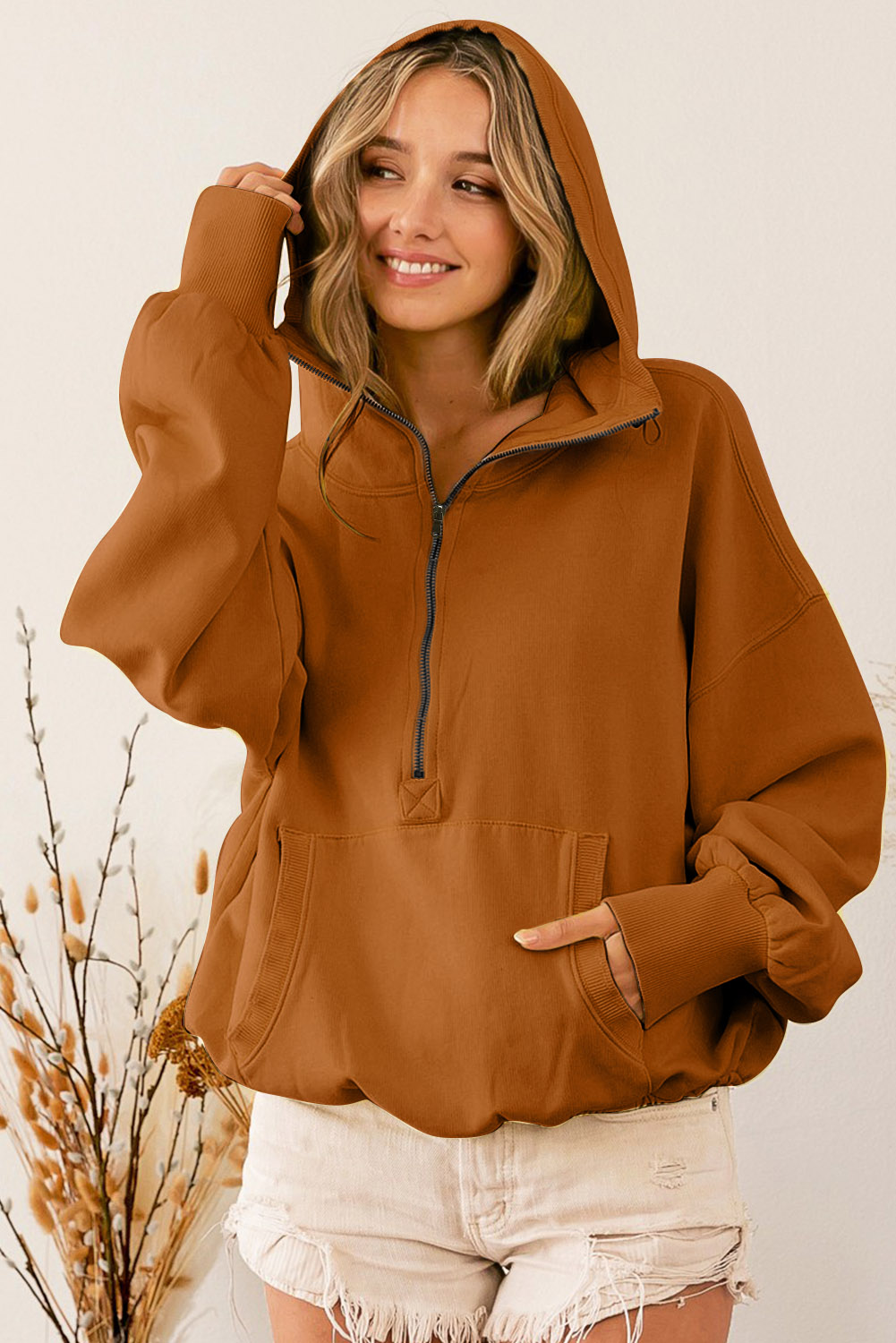 Brown Half Zip Pullover Hoodie with Kangaroo Pocket