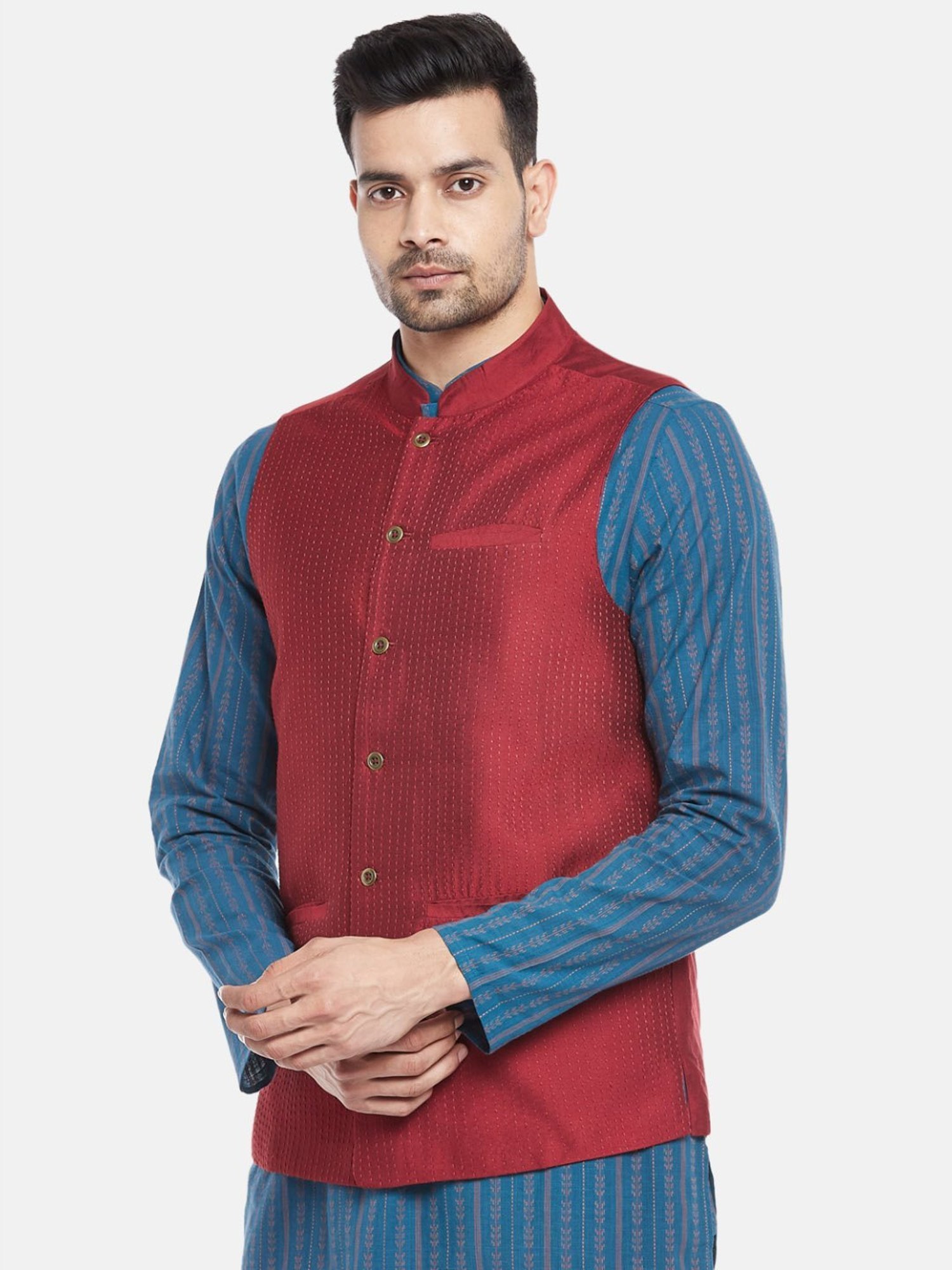 Indus Route by Pantaloons Maroon Regular Fit Self Pattern Nehru Jacket