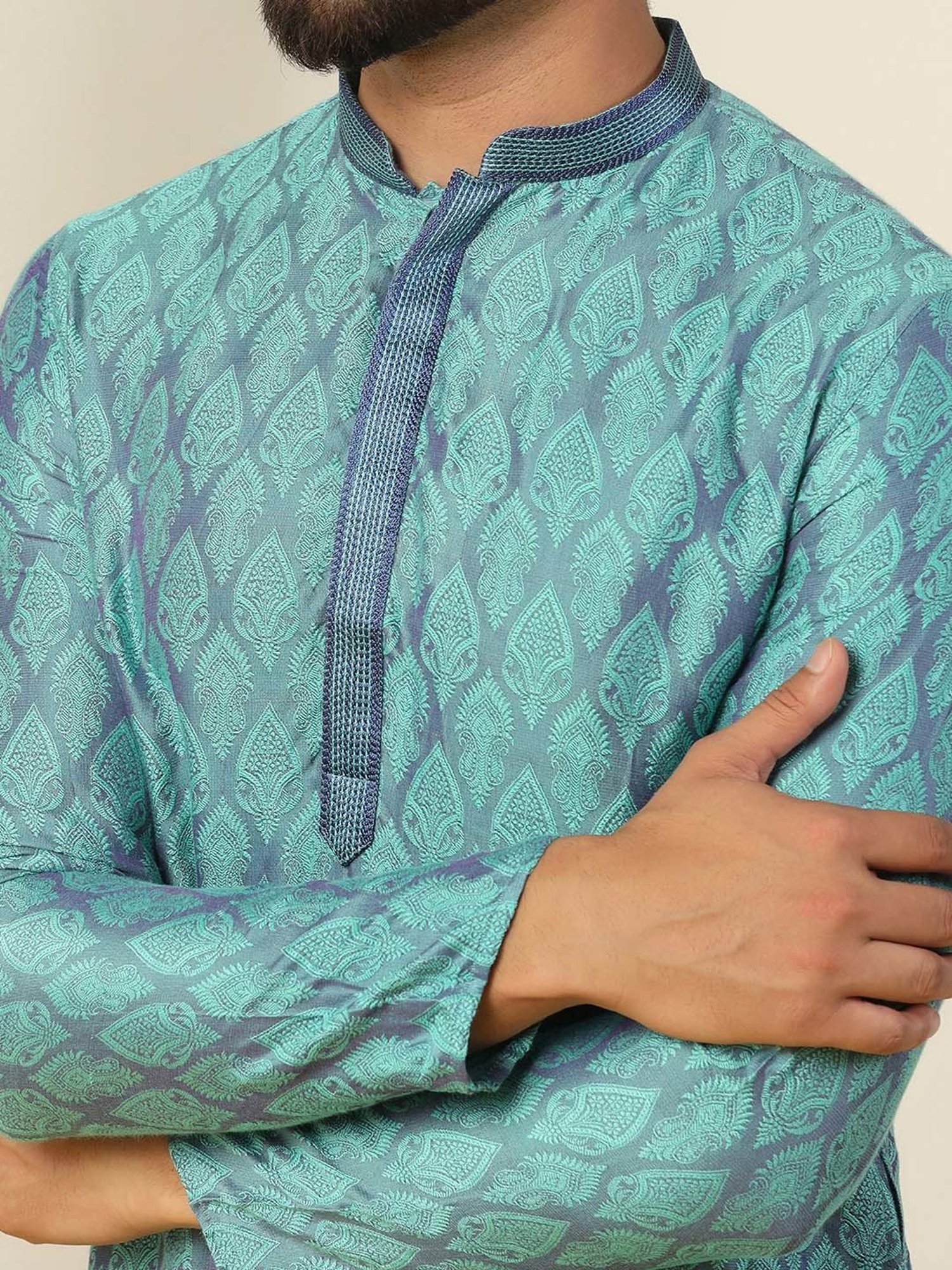 KISAH Blue & Beige Regular Fit Self Design Kurta & Churidar Set