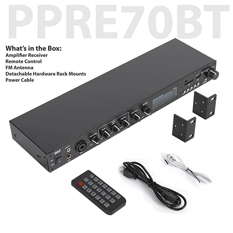 Rack Mount Studio PreAmplifier Audio Receiver System wDigital LCD Display Bluetooth FM Radio Recording Mode Remote Control USB Flash or SD Card Reader Input and Output Jack PPRE70BT