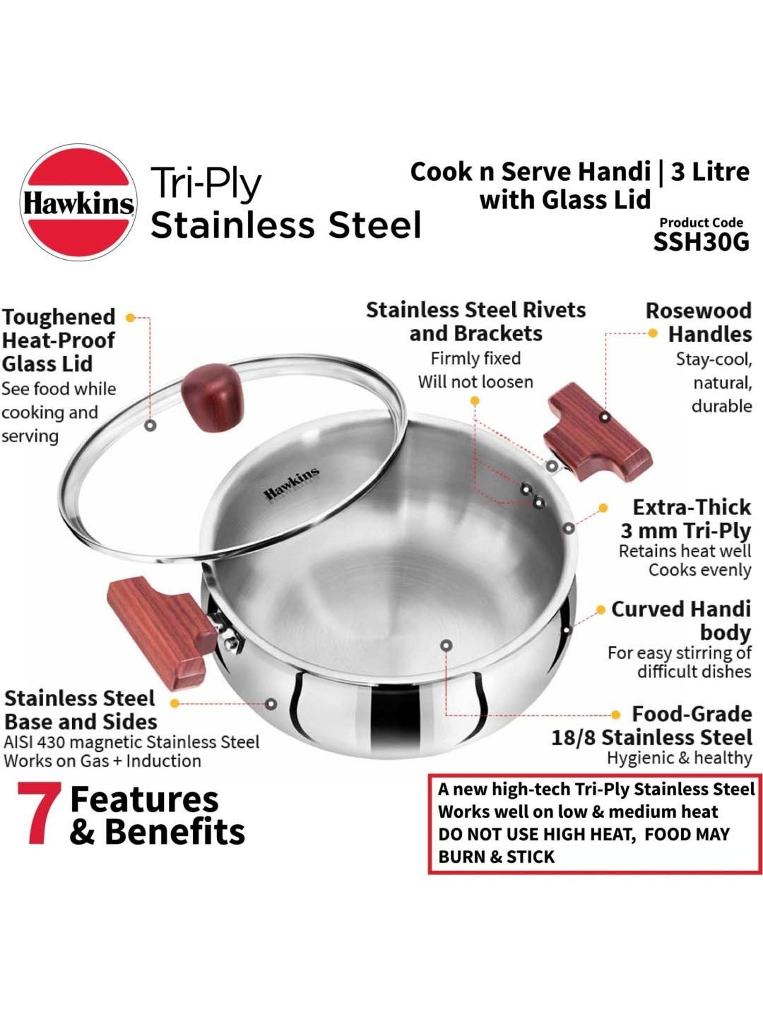 Hawkins Silver & Transparent Stainless Steel 19 cm Gas Compatible Handi With Lid (2 L) - Set of 1