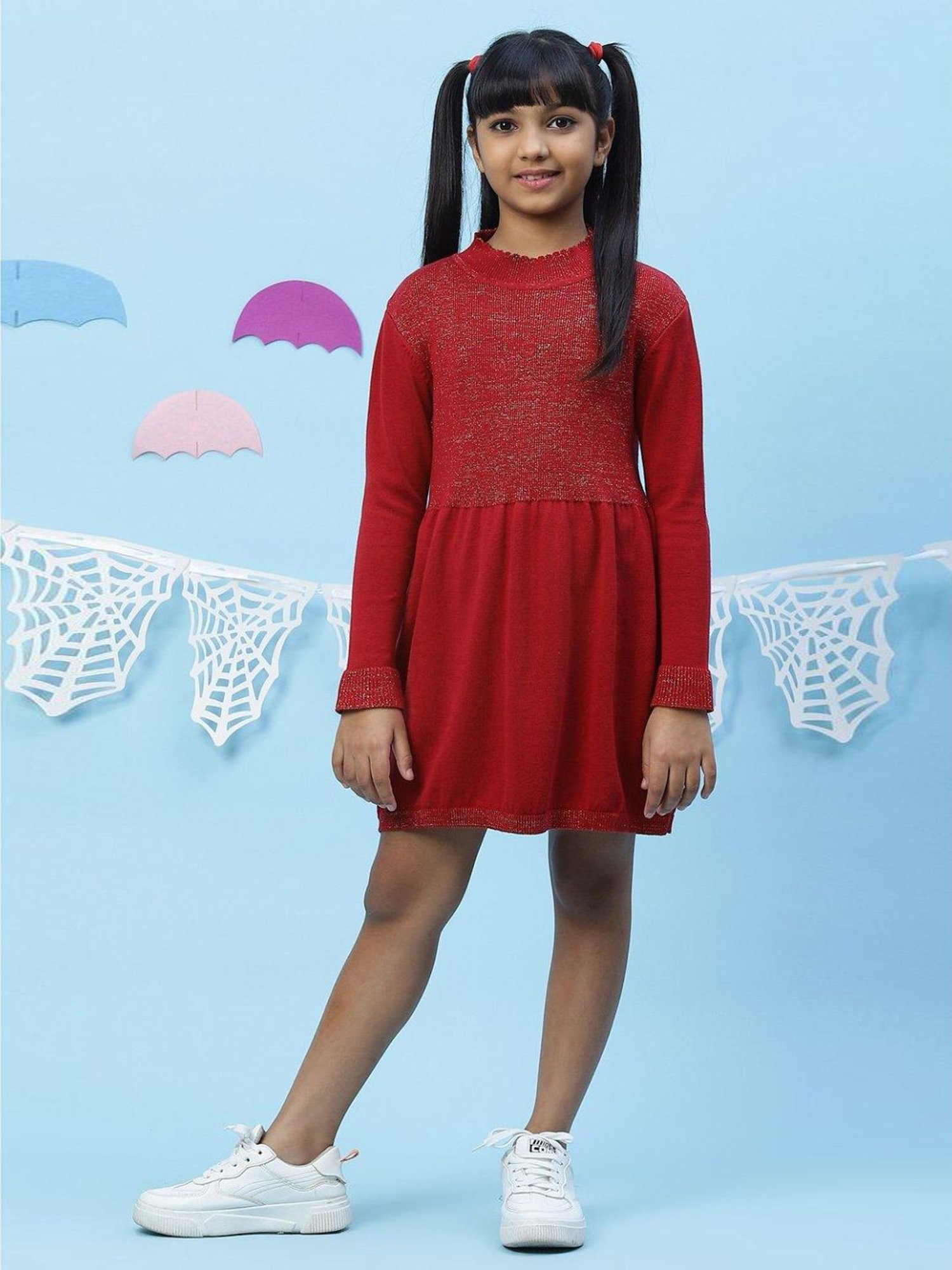 BIBA Girls Cherry Red Cotton Self Pattern Dress