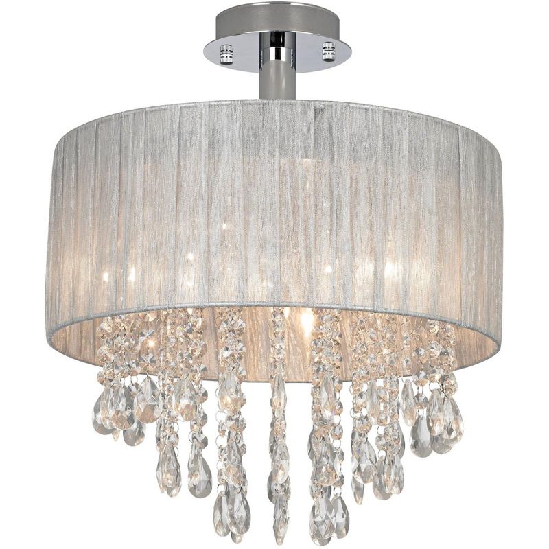 Possini Euro Design Modern Ceiling Light Semi Flush Mount Fixture Sheer Silver Fabric 15" Wide Crystal for Bedroom Kitchen Hallway