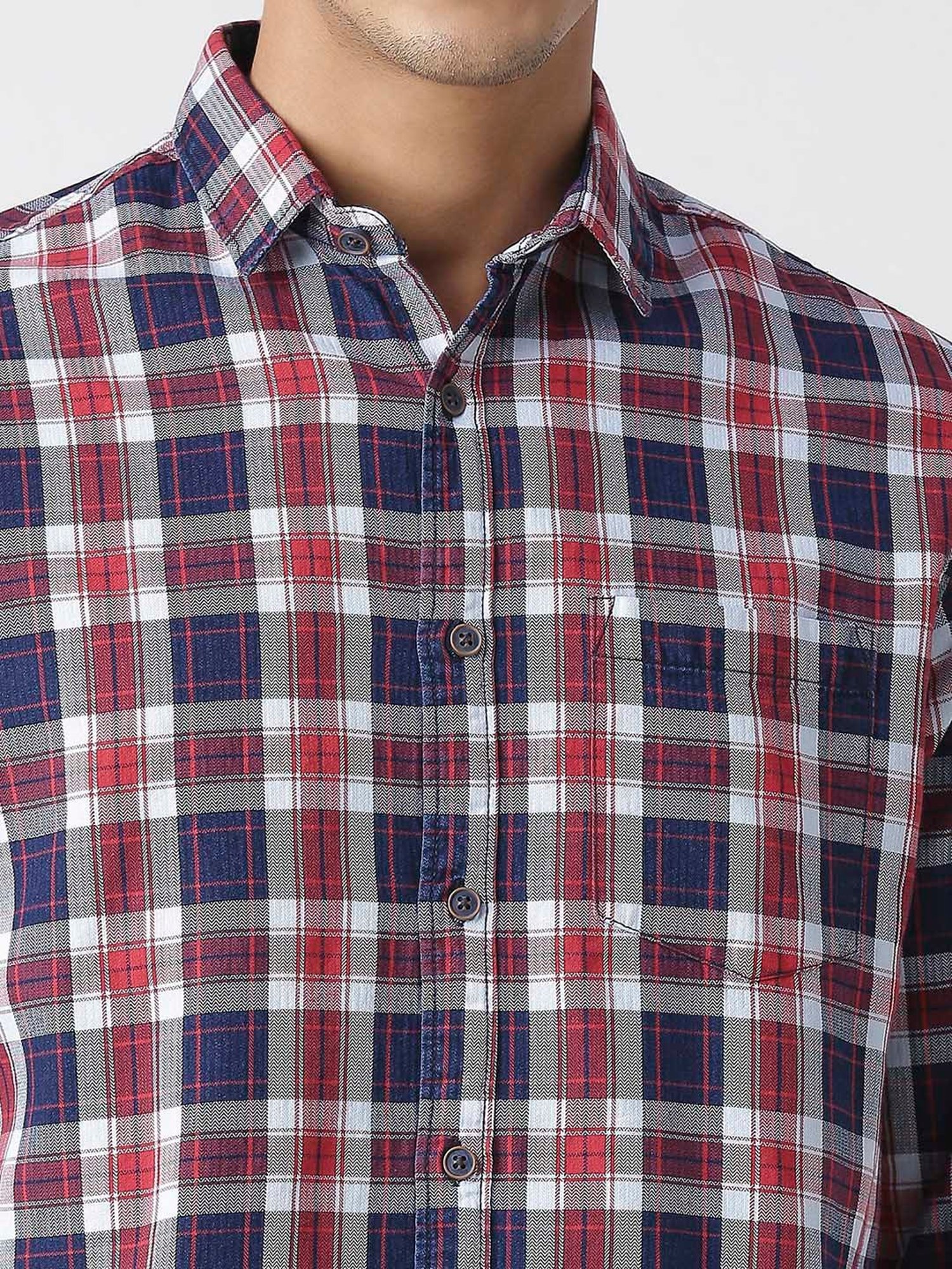 HJ HASASI Blue & Red Slim Fit Check Cotton Shirt