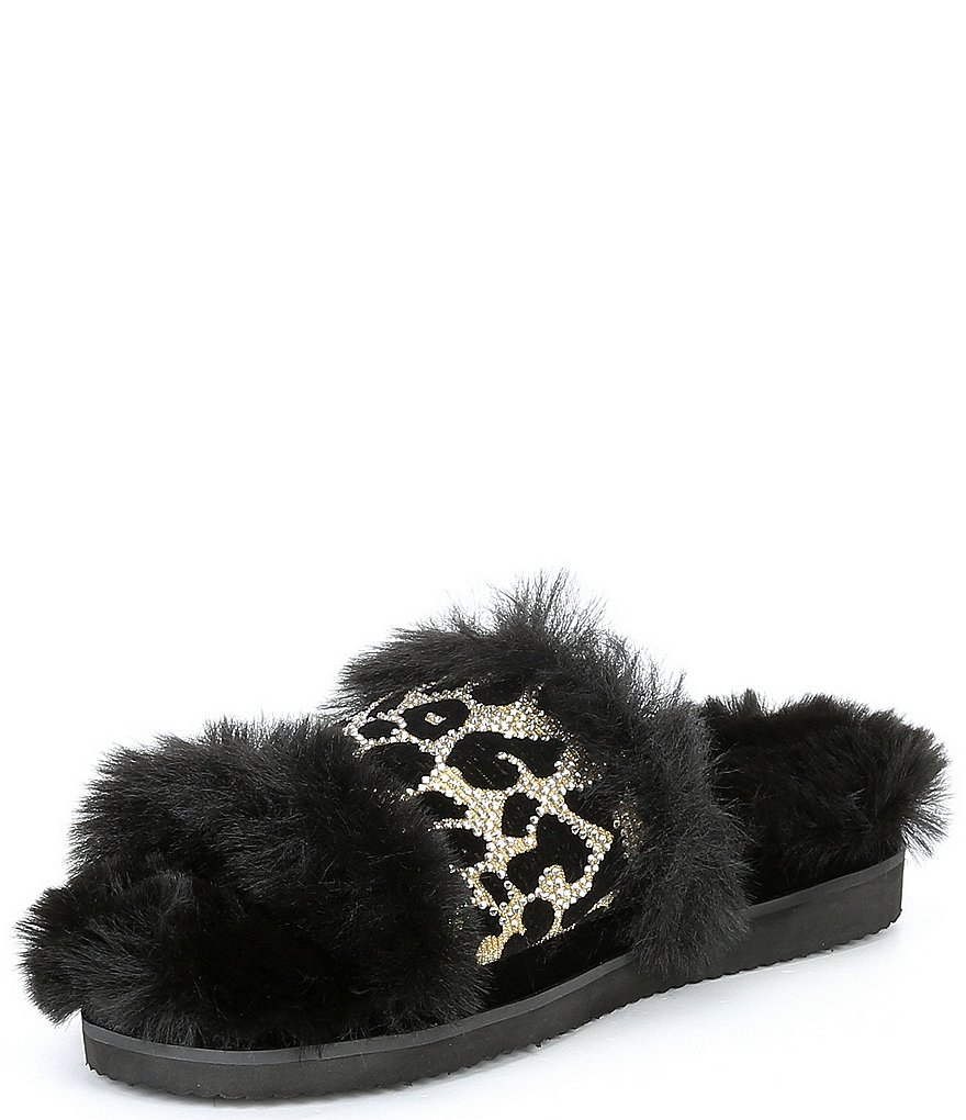 Gianni Bini Cushyy Faux Fur Rhinestone Embellished Leopard Print Slippers