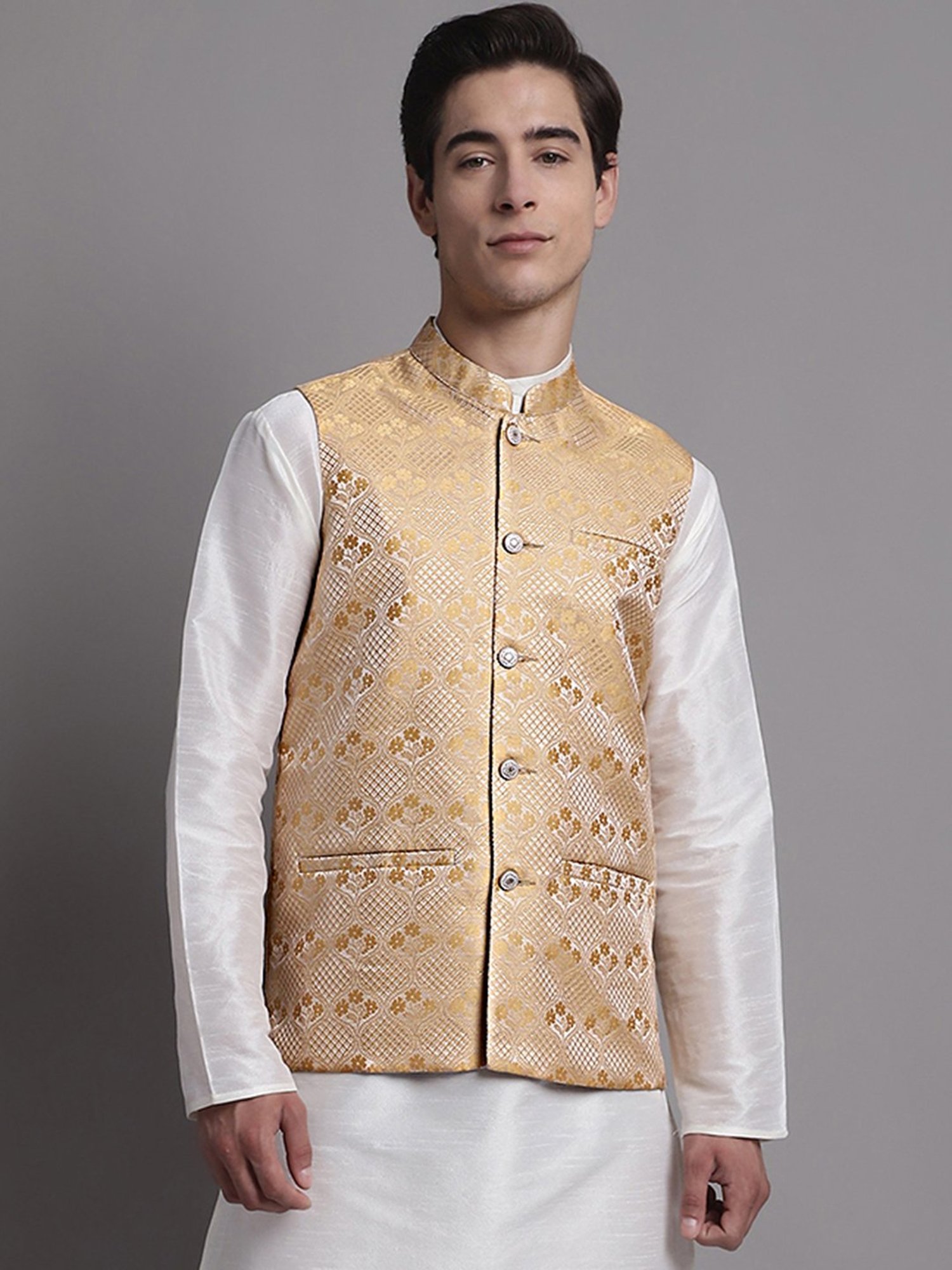 Jompers Gold Regular Fit Self Design Nehru Jacket
