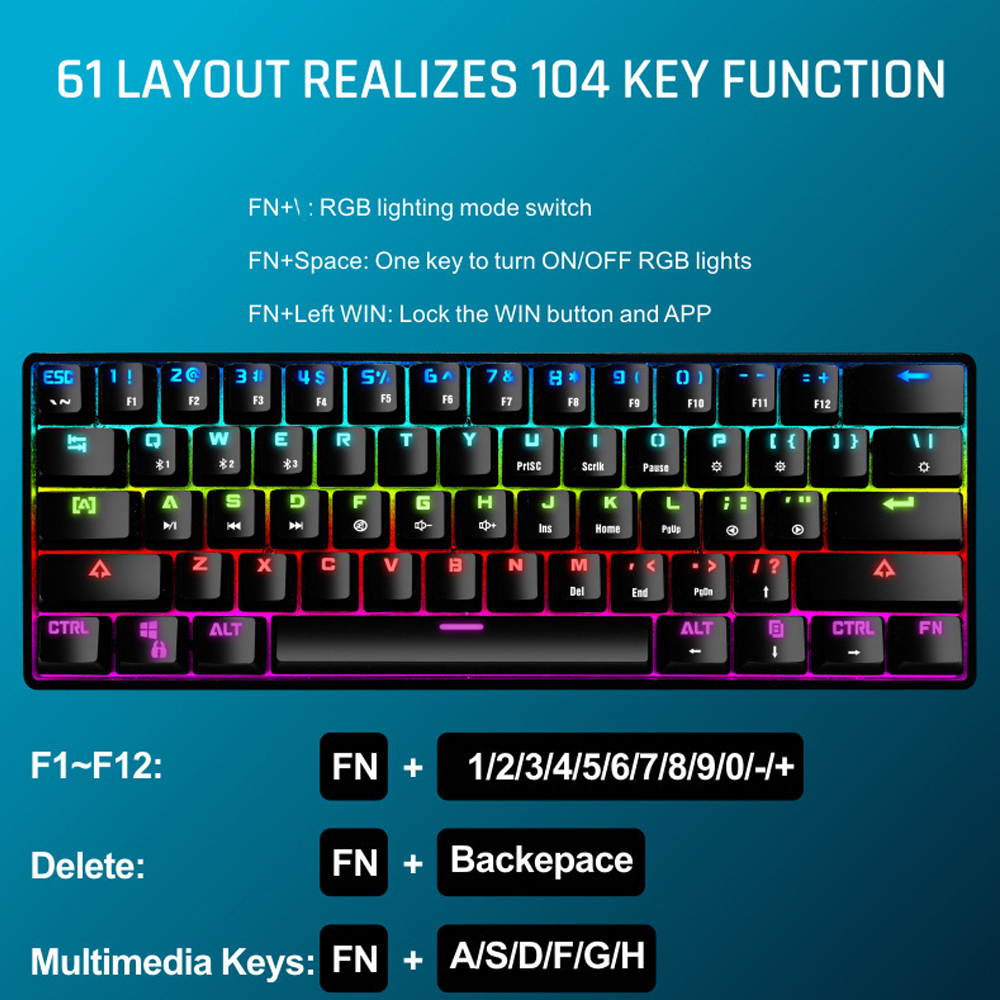 CUUWE K28 Wireless Bluetooth 61-Key Dual-Mode RGB Backlit Waterproof Mechanical Gaming Keyboard - Office Keyboard -Gaming Keyboard