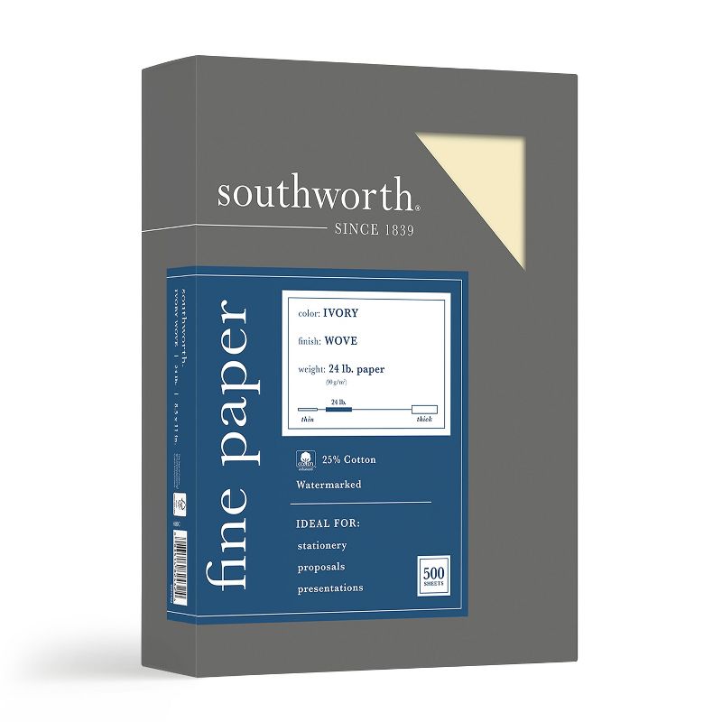 Southworth 25% Cotton Business Paper Ivory 24 lbs. Wove 8-1/2 x 11 500/Box FSC 404IC