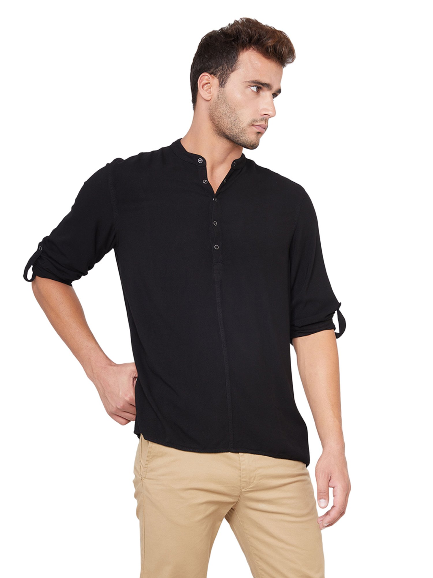 Identiti Black Full Sleeves Solid Slim Fit Short Kurta