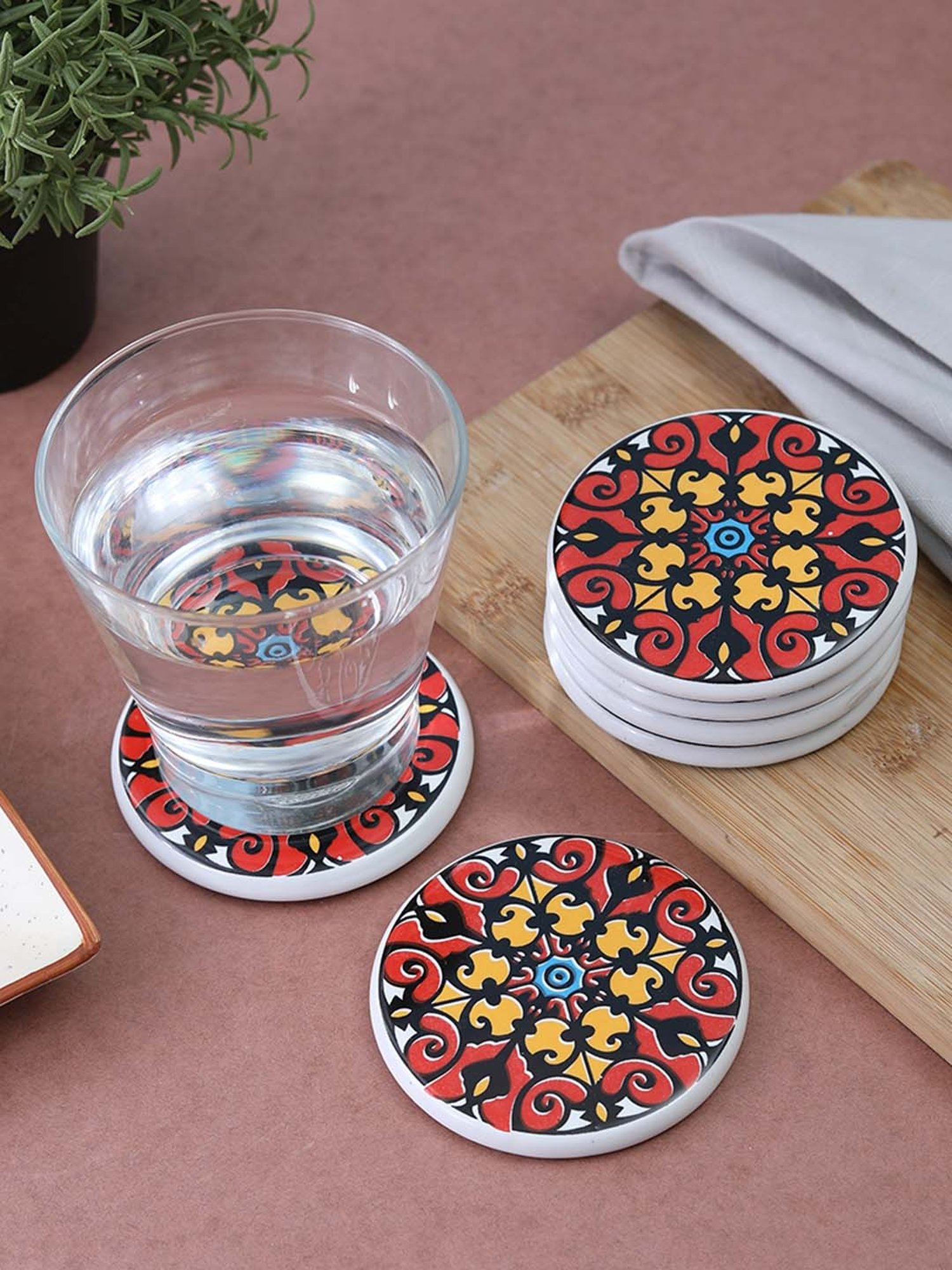 Karo Tapi Printed Multicolor Wood Coasters - Set of 6