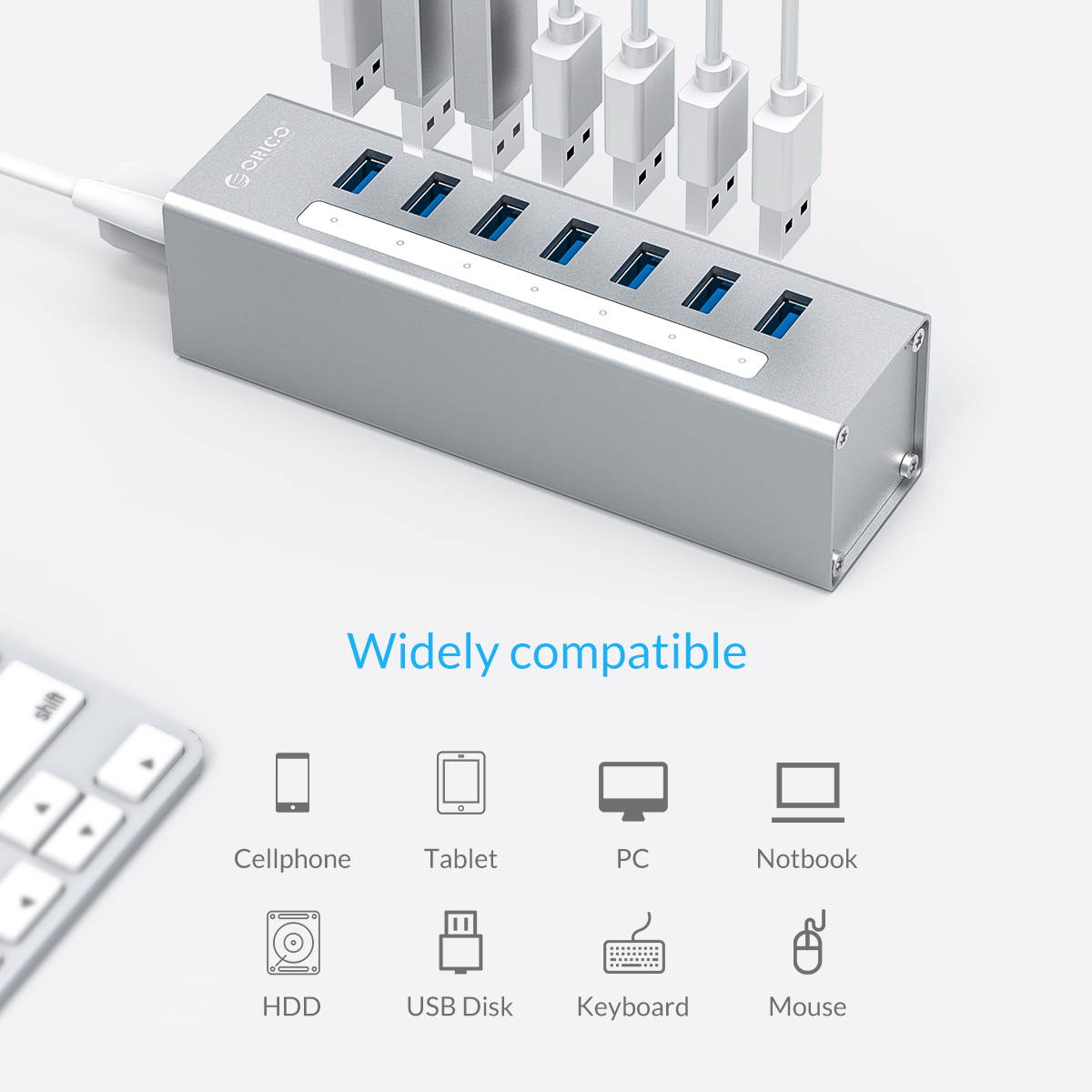ORICO Aluminum 7 Ports USB 3.0 HUB with 3.3Ft. USB 3.0 Date Cable and 12V/2.5A Power Supply for Macbook,PC,Laptops (HUB is not a Charger,Data transfer Only)- Black (A3H7-V1-US)