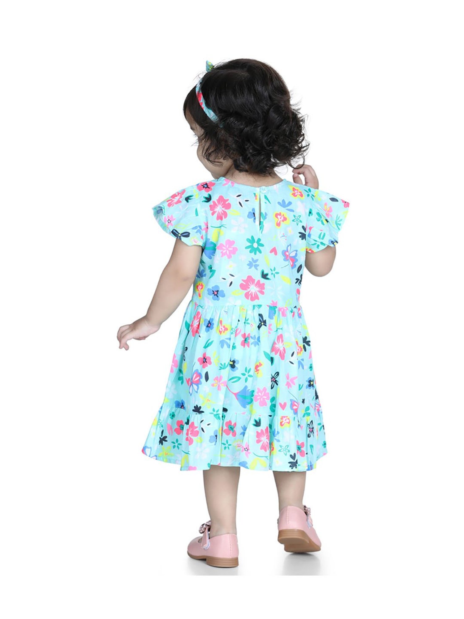 BownBee Kids Green Printed Jhabla, Bloomer with Hairbelt