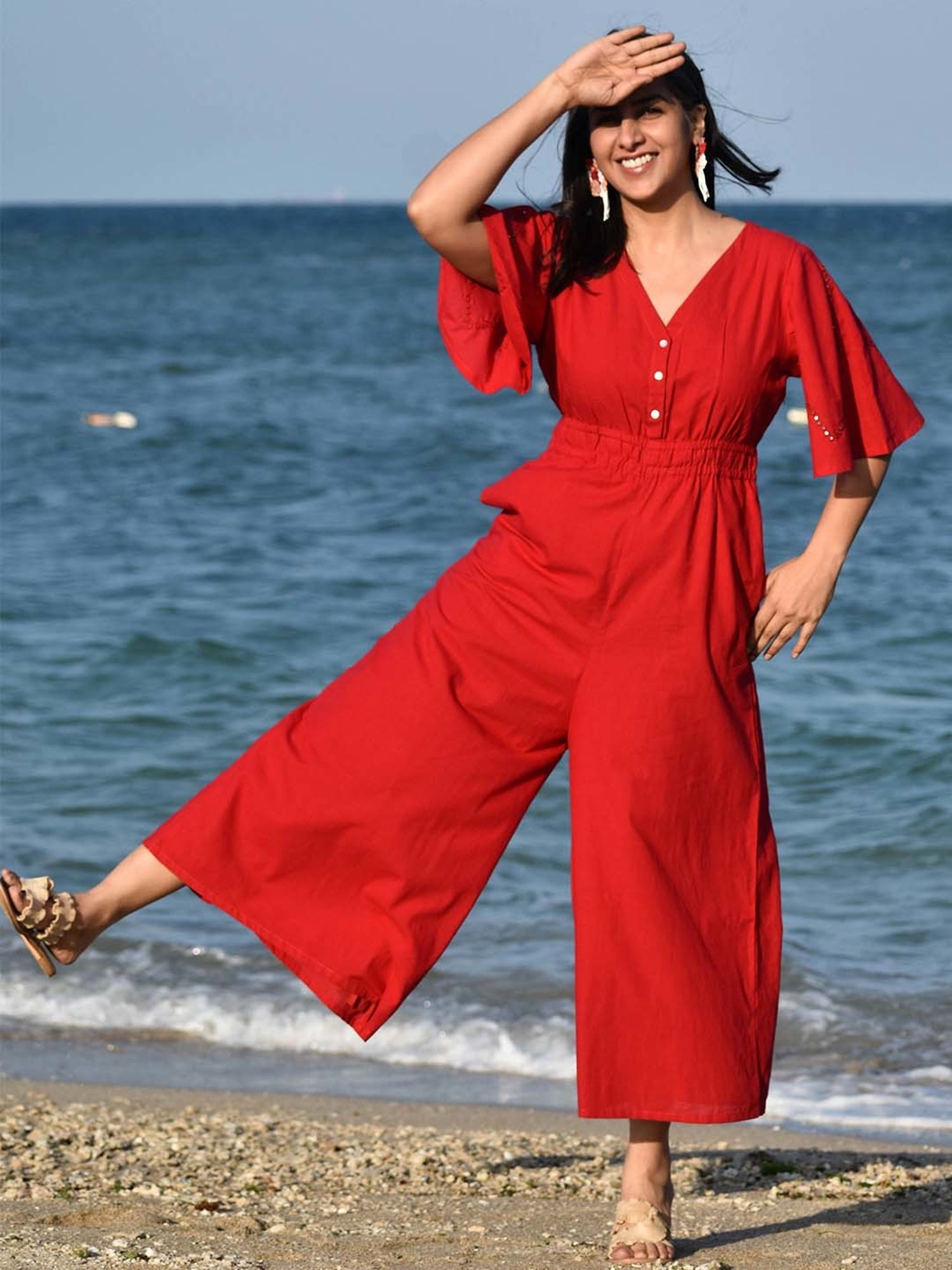 Okhai Pioneer Red Pure Cotton Mirror Work Jumpsuit