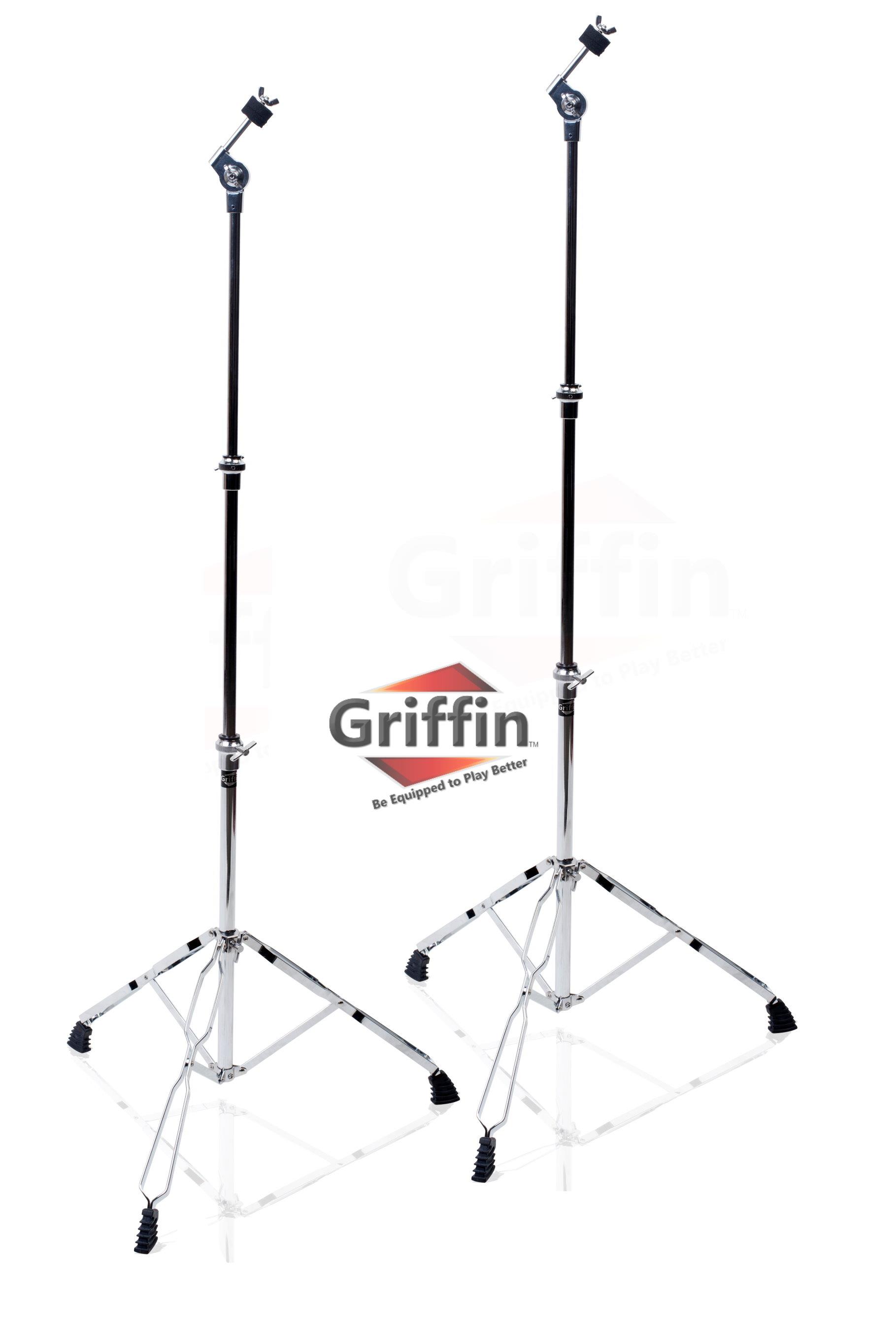 Straight Cymbal Stand (2 Pack) by GRIFFIN | Double Braced Legs, Slip-Proof Gear Holder | Light-Duty for Mobile Drummers | Percussion Drum Hardware Set for Mounting Crash, Ride & Splash Cymbals