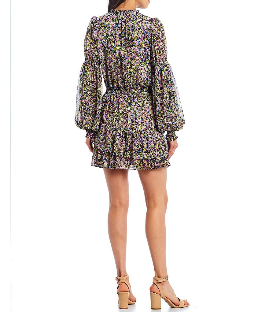 Ted Baker London Karlie Floral Print Long Sleeve Crew Neck Tie Tiered Ruffle Dress