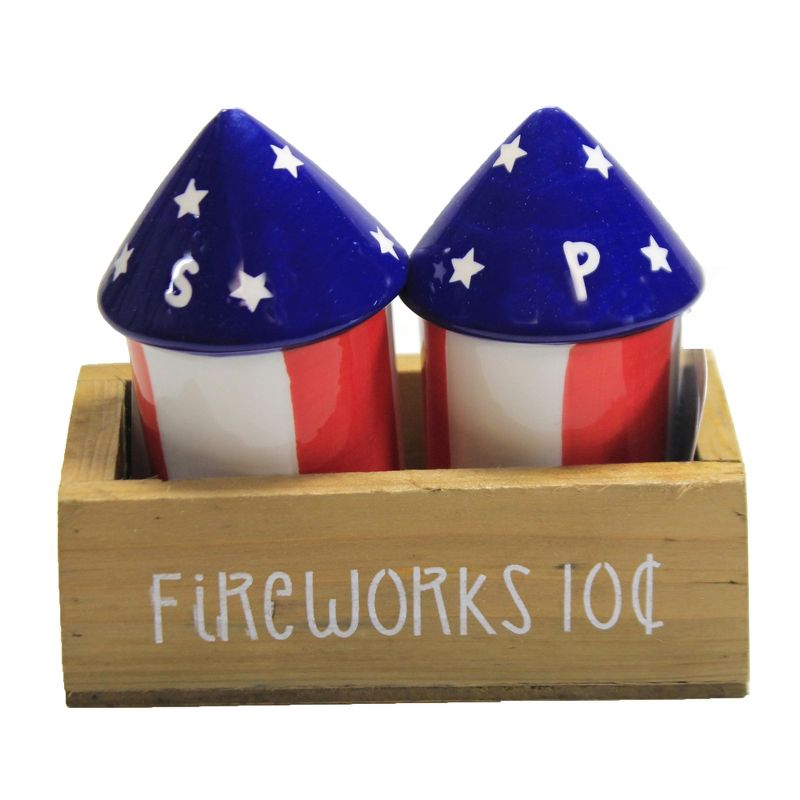 Tabletop 3.5" Fireworks Salt & Pepper W/Crate Patriotic Americana Transpac  -  Salt And Pepper Shaker Sets