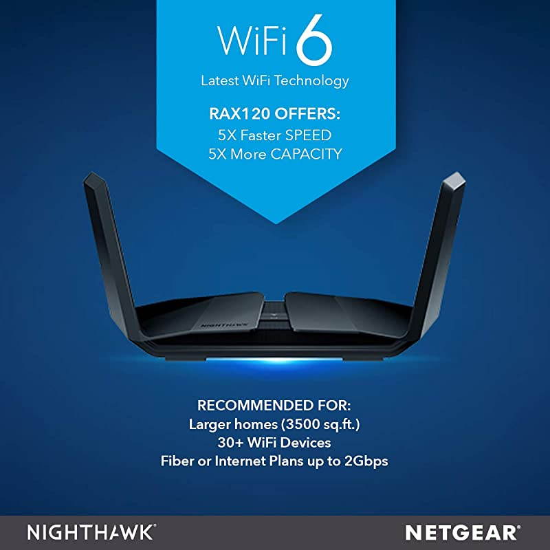 Nighthawk AX12 12Stream WiFi 6 Router RAX120 AX6000 Wireless Speed up to 6Gbps | Coverage for LargetoVery Large Homes 3500 sq ft | 4 x 1G 1 x 255G Ethernet Ports | 2 x 30 USB