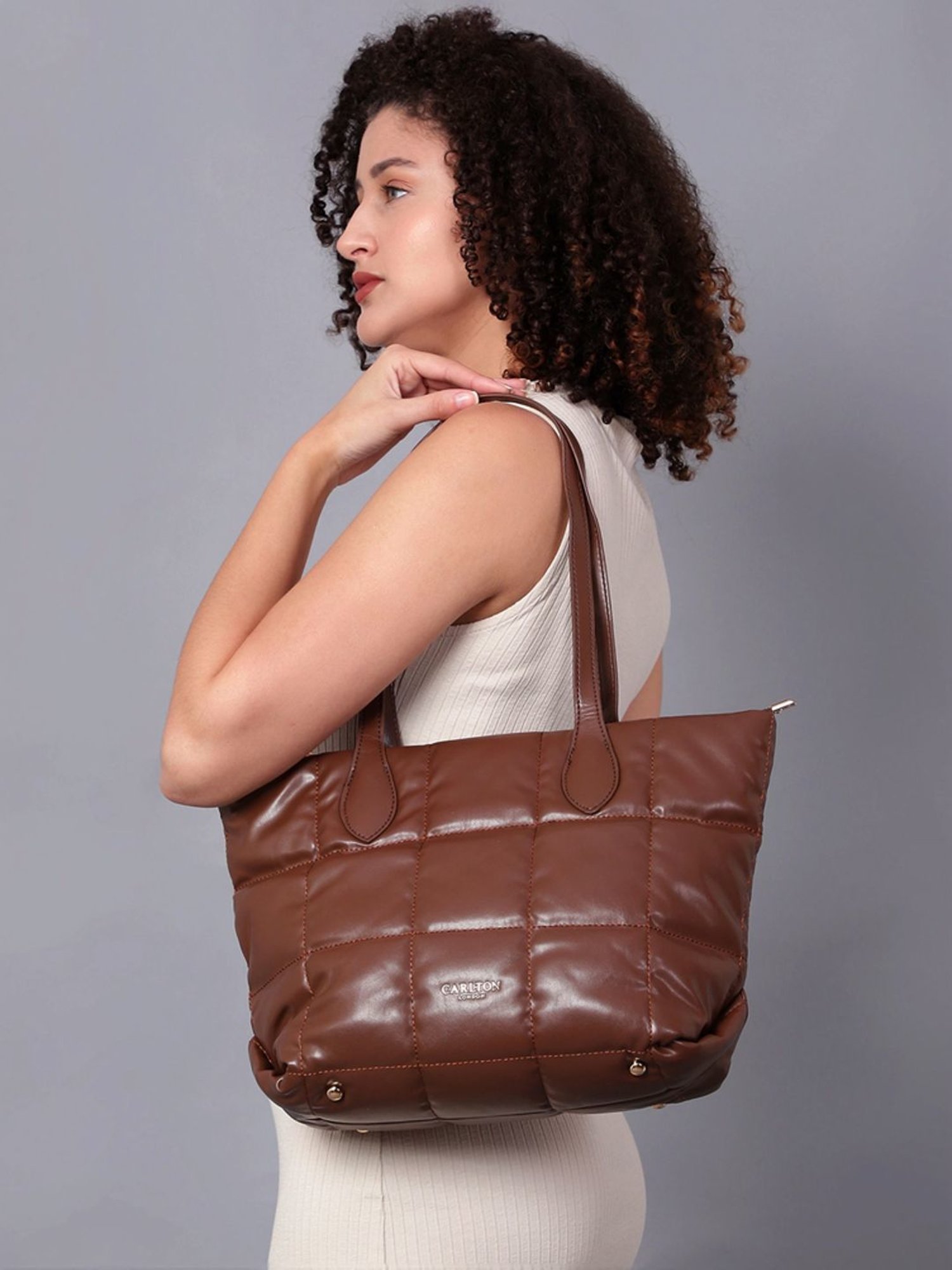 Carlton London Brown Textured Large Tote Handbag