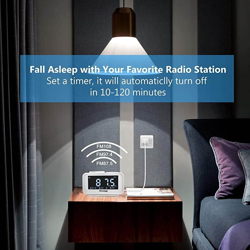 Dual Alarm Clocks Radio with Dimmer Dual USB Charging Ports 6 Wake up Sounds Adjustable Alarm Volume Snooze Thermometer Display FM Radio with Sleep Timer Small Size for BedroomsWhite