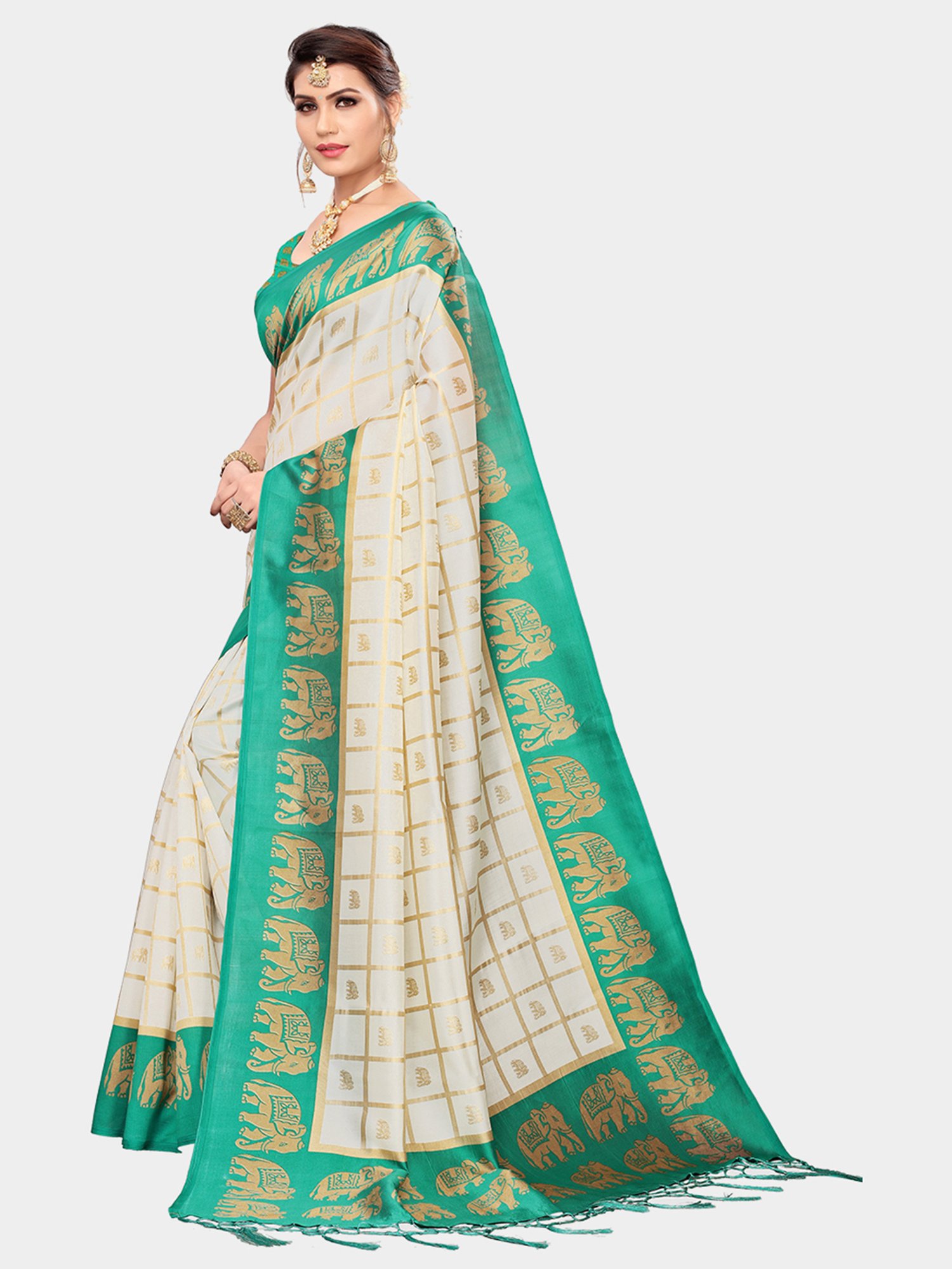 KSUT Green & Beige Check Saree With Blouse