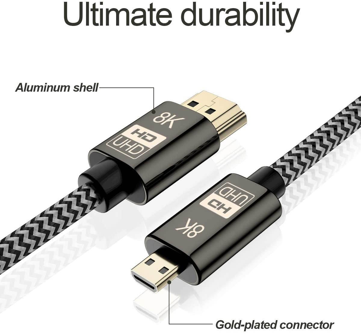 CABLEDECONN Micro HDMI to HDMI 2.1 8K Cable High Speed 8K@60Hz 4K@120Hz Male to Male Ultra HD HDR Adapter for Digital Cameras camcorders Tablets and Other Devices with Micro HDMI 1.5M
