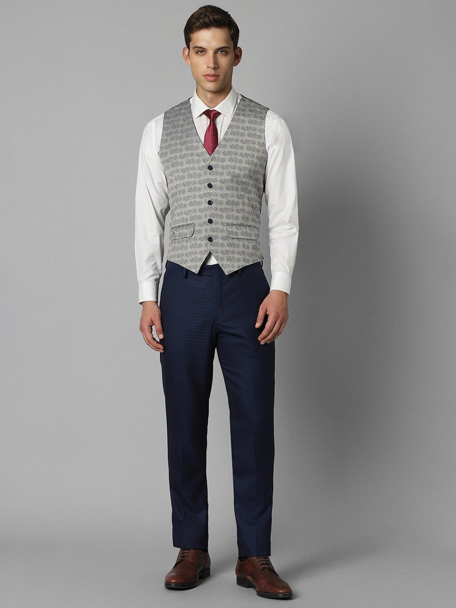 Louis Philippe Navy Slim Fit Printed Three Piece Suit