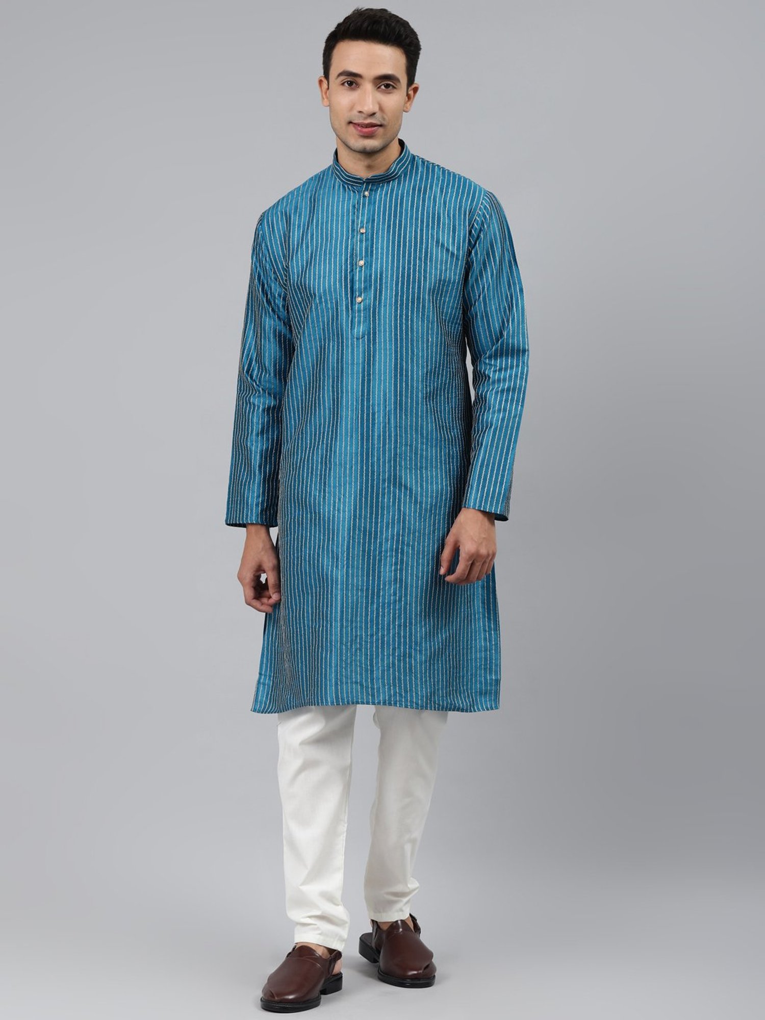 ManQ Peacock Blue Regular Fit Striped Ethnic Wear