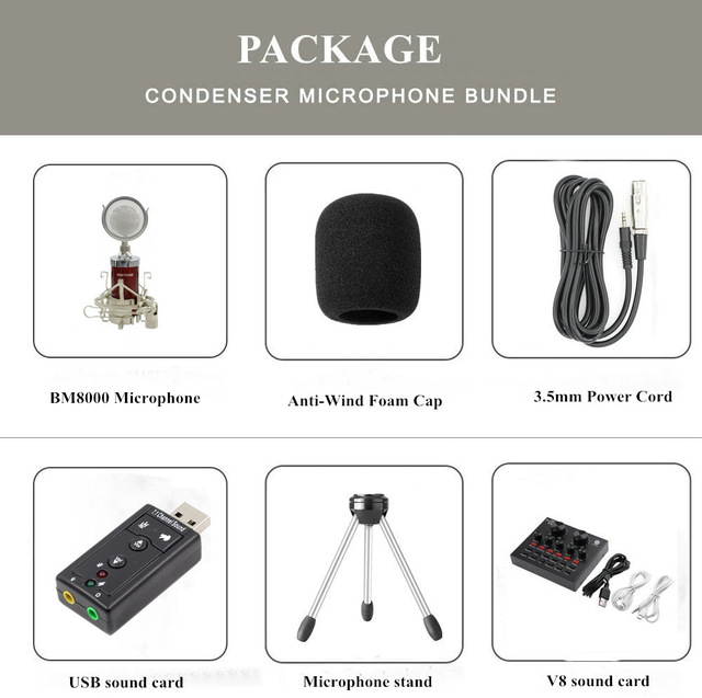 BM 8000 Condenser Wired Microphone Kit 3.5MM Recording Studio Mic With V8 Sound Card Pop Filter for KTV Karaoke Computer