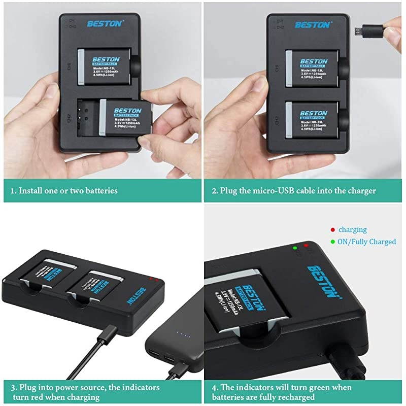 2-Pack NB-13L Battery Packs and USB Charger Set for Canon PowerShot SX720 HS, SX730 HS, SX740 HS, SX620 HS, G1 X Mark III, G5 X, G7 X, G7 X Mark II, G9 X, G9 X Mark II Cameras