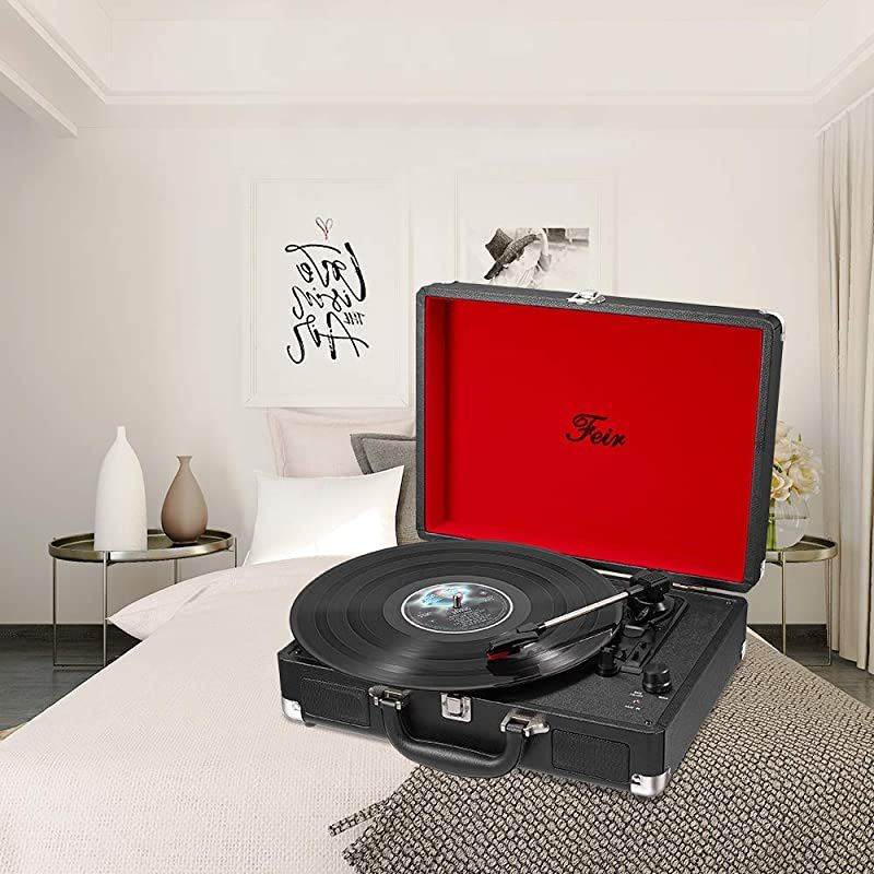 Stereo Black Record Player 3 Speed Portable Turntable Suitcase Built in 2 Speakers RCA Line Out AUX Headphone Jack PC Recorder