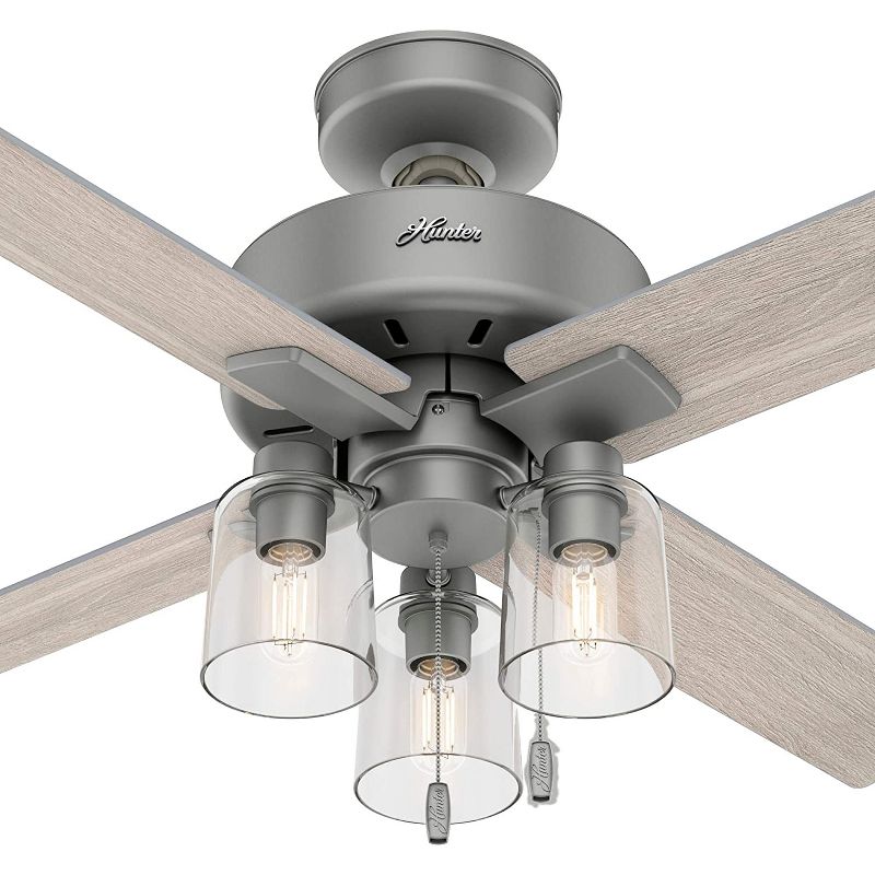 Hunter Fan Company Pelston 44 Inch Indoor Home Small Room 3 Speed Ceiling Fan w/ LED Light, 5 Light Gray Oak Blades, & Pull Chain, Silver