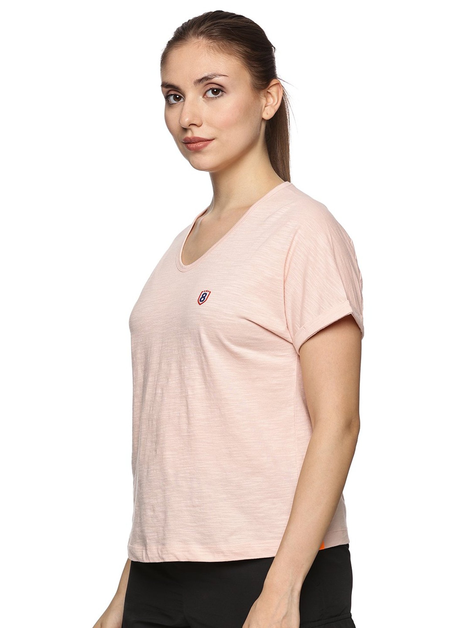 Domin8 Women 100% Organic Cotton U-Neck Mega Sleeve Sports Pink T-Shirt