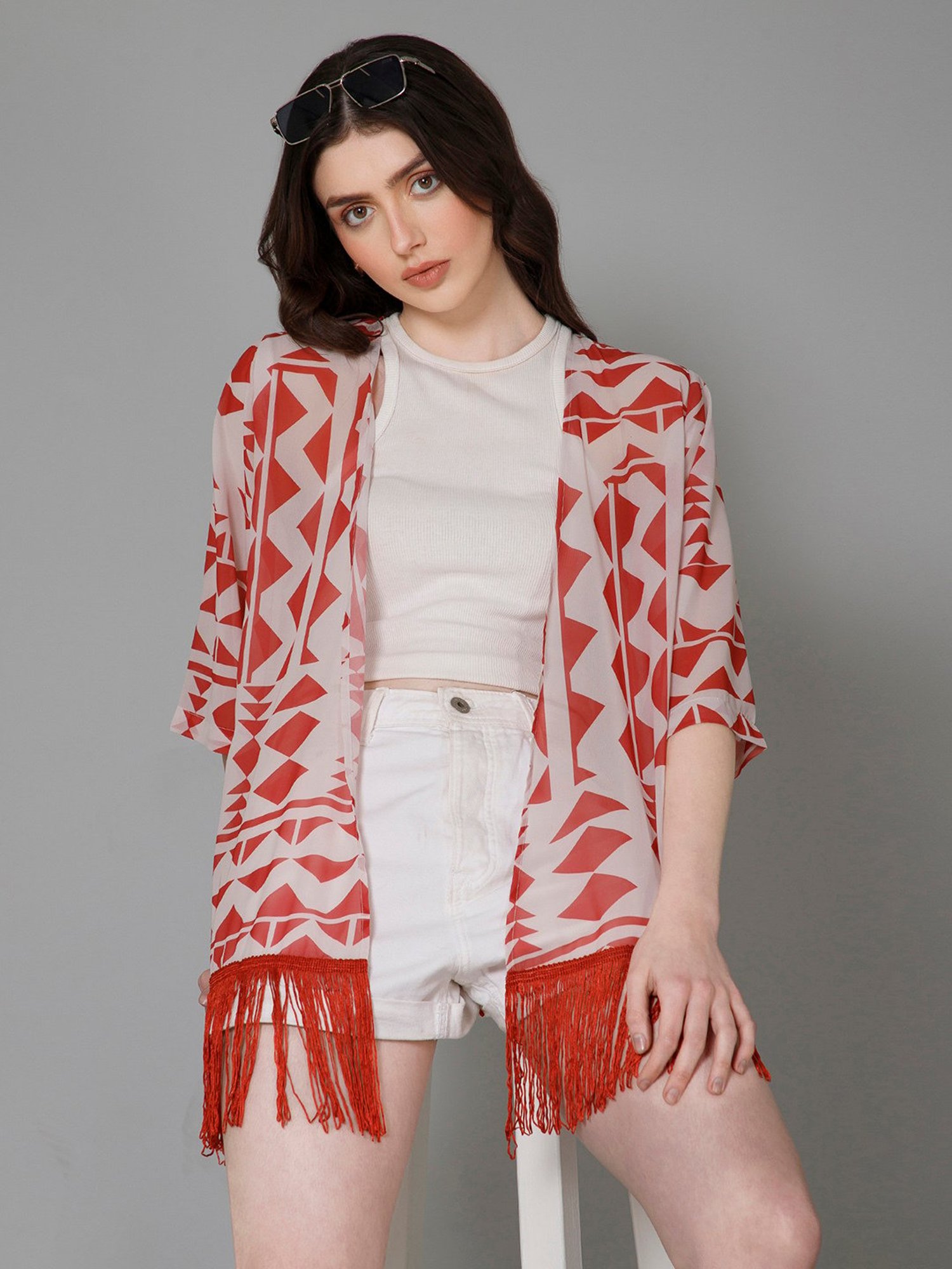 PURYS White & Red Printed Kimono