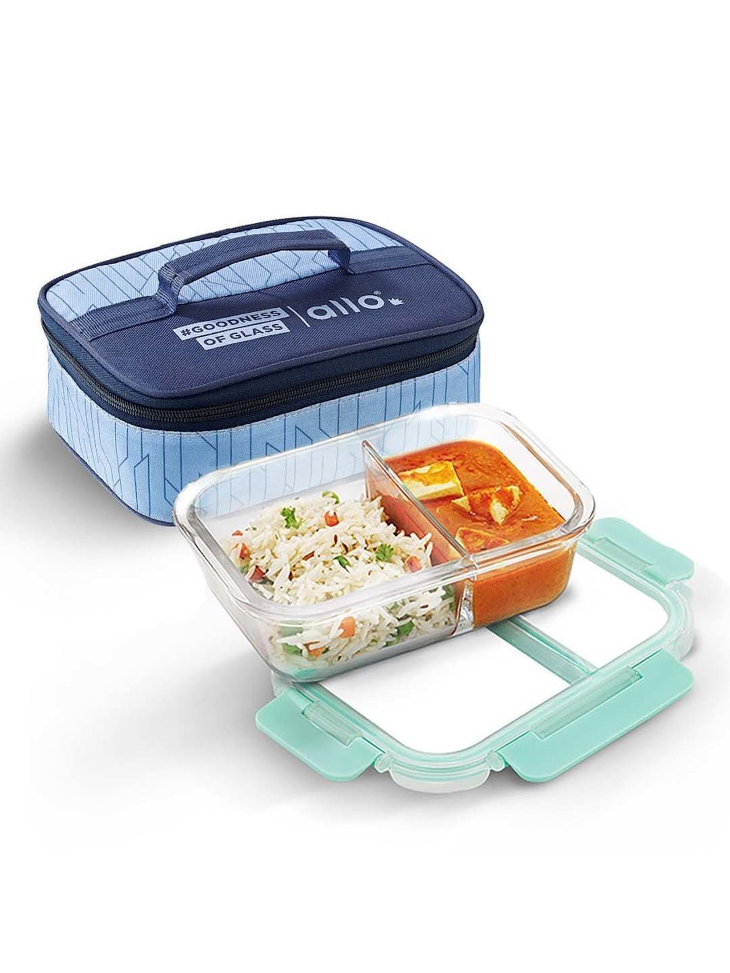 Allo Borosilicate Glass Lunch Box Microwave Oven Safe With Detachable Lock and Space Blue Tiffin Bag