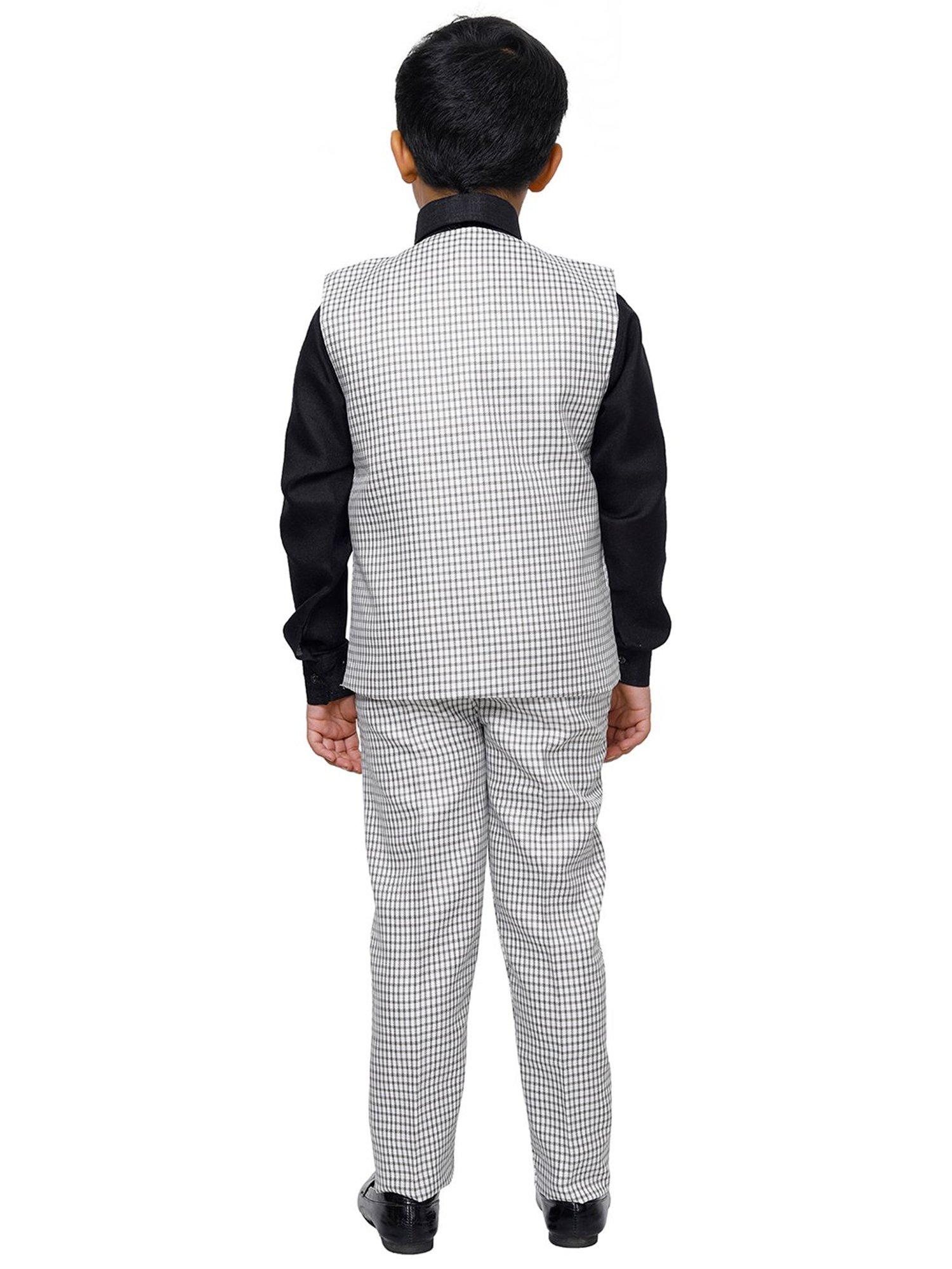 Pro-Ethic Style Developer Kids White & Black Checks Full Sleeves Shirt, Waistcoat, Pants with Bow