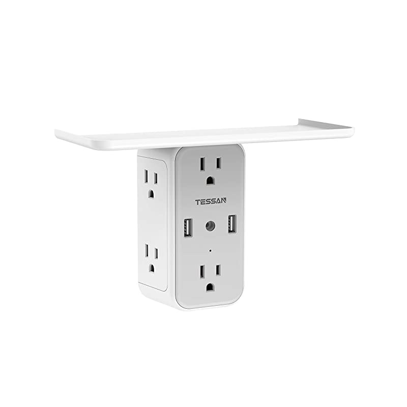 Multi Plug Outlet Extender with Shelf,  USB Wall Charger with 6 Electrical Socket, 3 Sided Multiple Outlet Expander Surge Protector, Wall Mount Outlet Splitter for Home Dorm Essentials