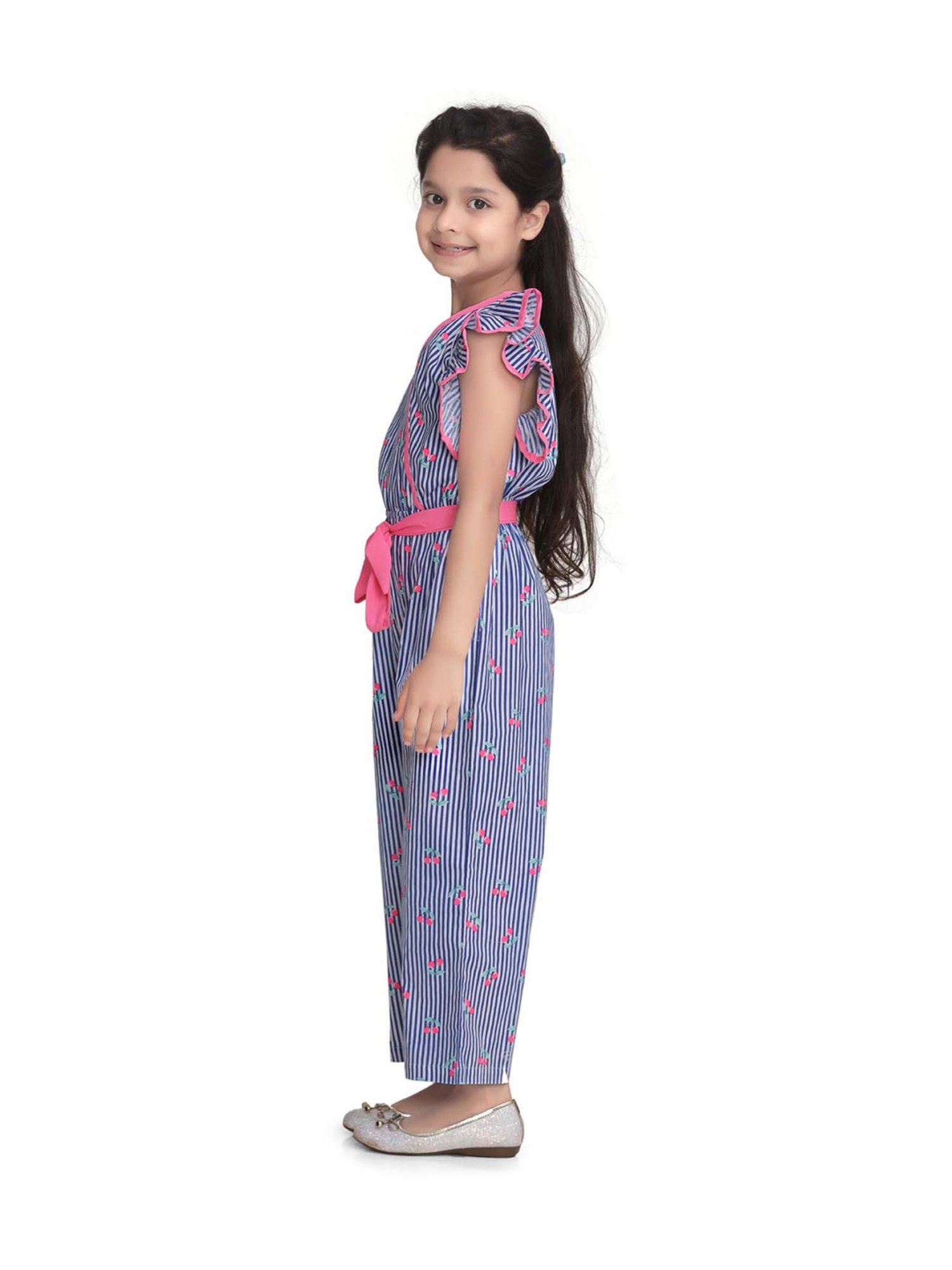 StyleStone Kids Blue Cotton Floral Print Jumpsuit