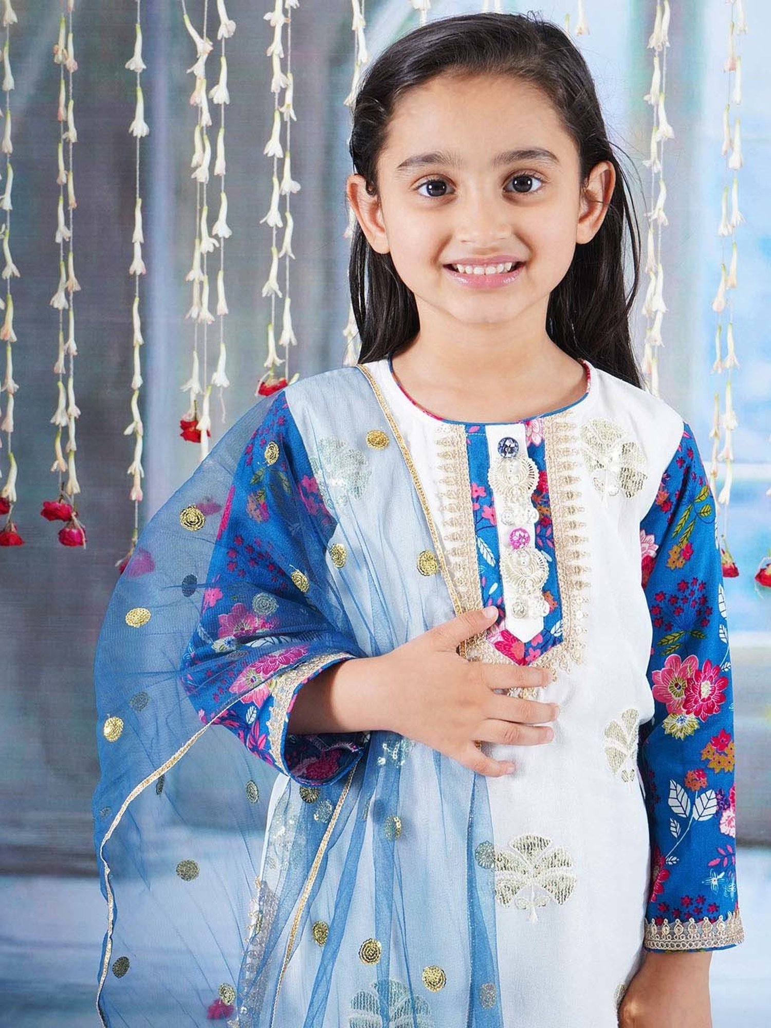 Little Bansi White & Blue Cotton Floral Print Full Sleeves Kurta Set