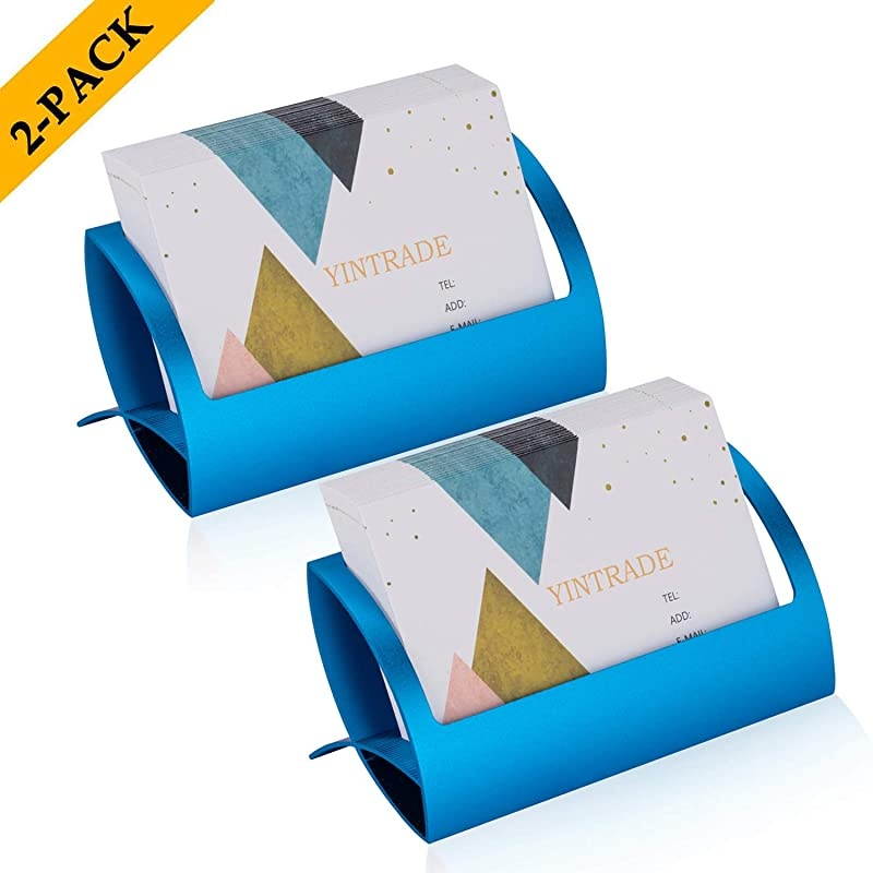 Card Holder for Desk Metal Aluminum Desktop Name Card Case Display Organizer Stand Office Tradeshows Card Desk Holder 2 Pack Blue
