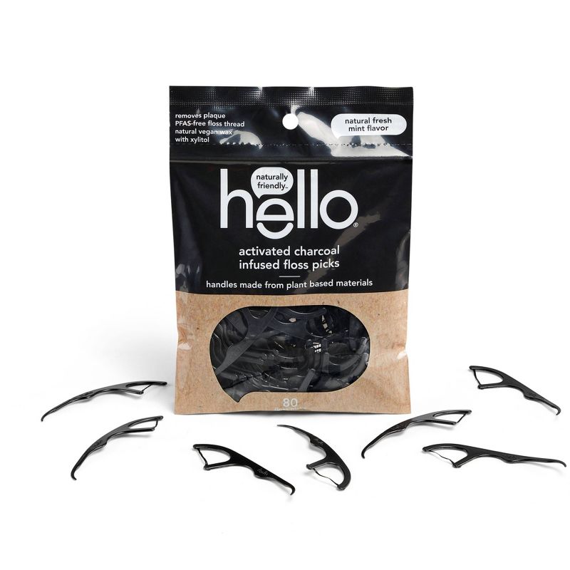 hello Activated Charcoal Infused Natural Mint Floss Picks with Plant-Based Handles - Trial Size - 80ct