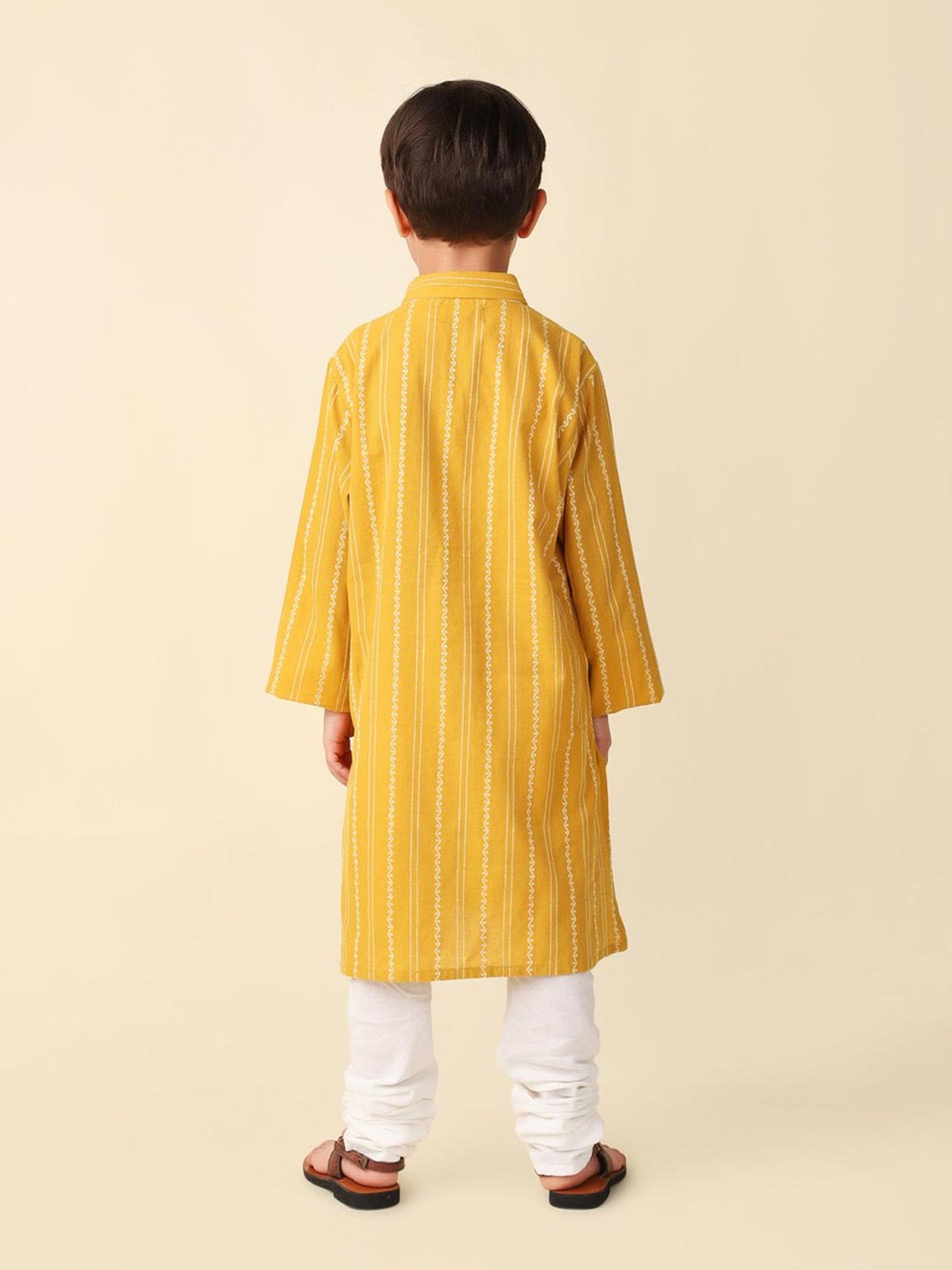 Fabindia Kids Yellow Self Design Full Sleeves Kurta