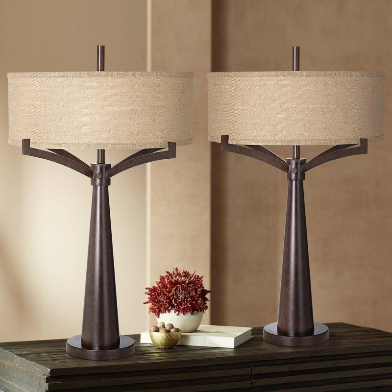 Franklin Iron Works Mid Century Modern Table Lamps Set of 2 Rich Bronze Iron Burlap Fabric Drum Shade for Living Room Bedroom