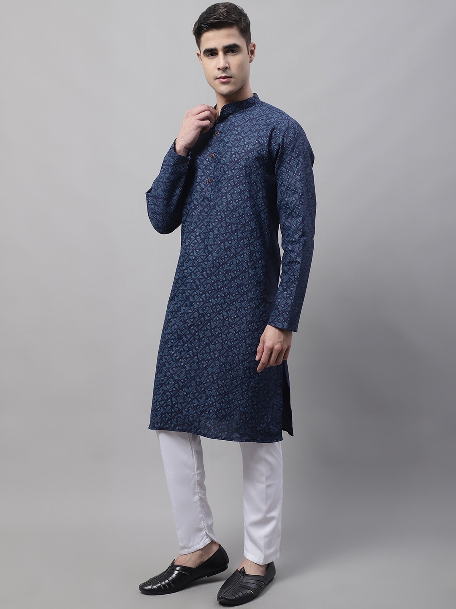 Jompers Navy & White Pure Cotton Regular Fit Printed Kurta Bottom Set