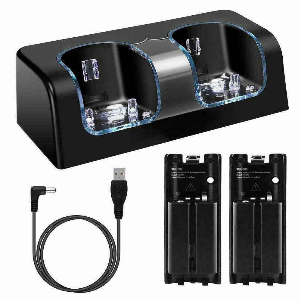 Dual Charger Charging Dock Station with 2 Battery For Wii / Wii U Remote Black