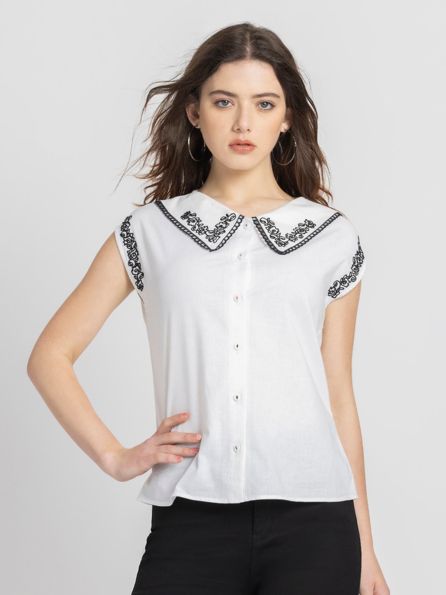 SHAYE White & Black Cotton Embroidered Top